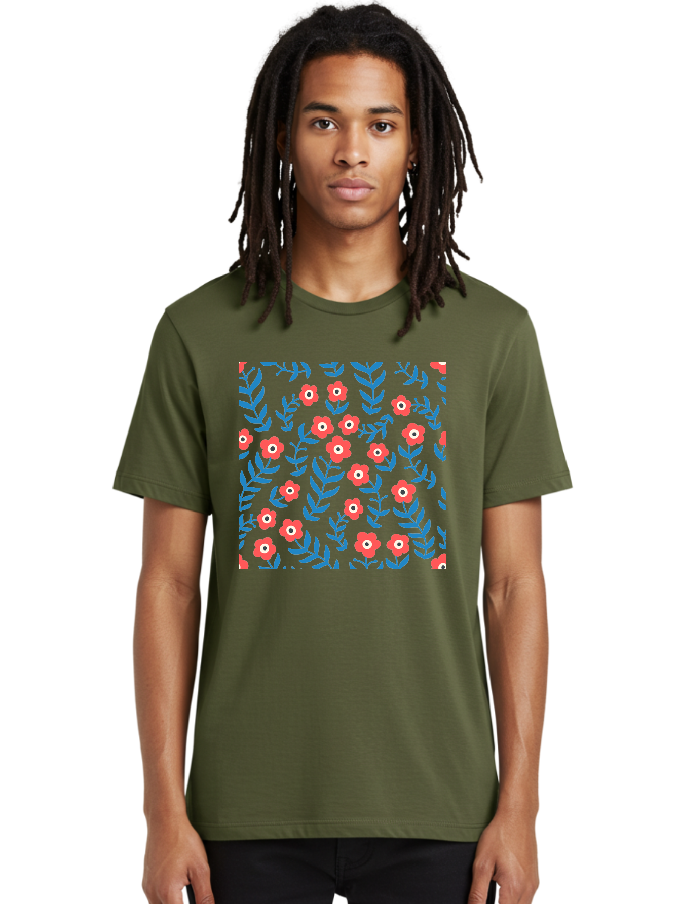 Red-Flowers-With-Blue-Leaves Men'S Graphic Tee, 100% Cotton, Comfortable Casual Summer Wear, Machine Washable, Red Flowers, Blue Leaves, Floral Pattern, Repeating Design, Vibrant Colors, Stylized Blooms, Abstract Flowers, Digital Art Aab785