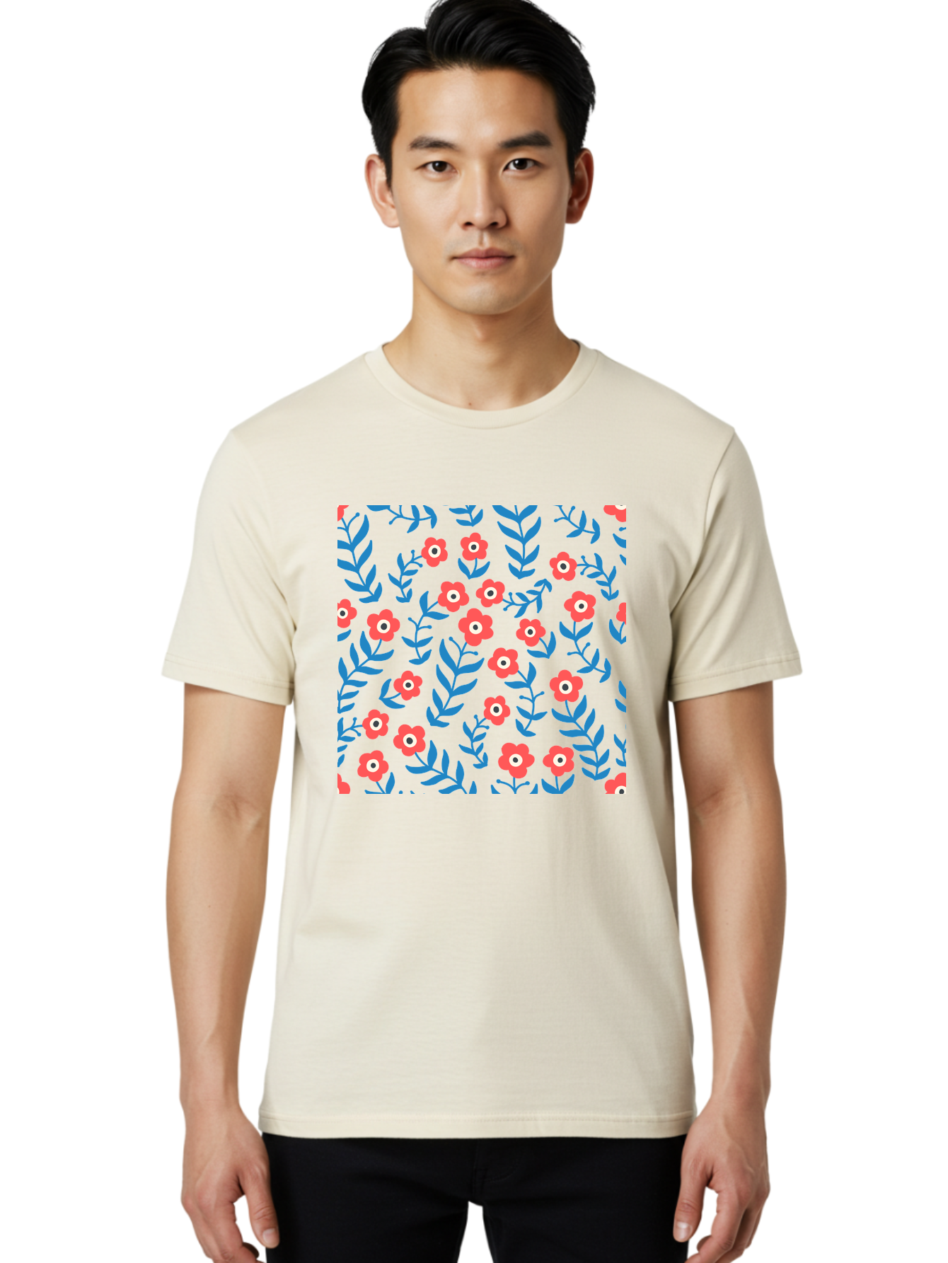 Red-Flowers-With-Blue-Leaves Men'S Graphic Tee, 100% Cotton, Comfortable Casual Summer Wear, Machine Washable, Red Flowers, Blue Leaves, Floral Pattern, Repeating Design, Vibrant Colors, Stylized Blooms, Abstract Flowers, Digital Art Aab785