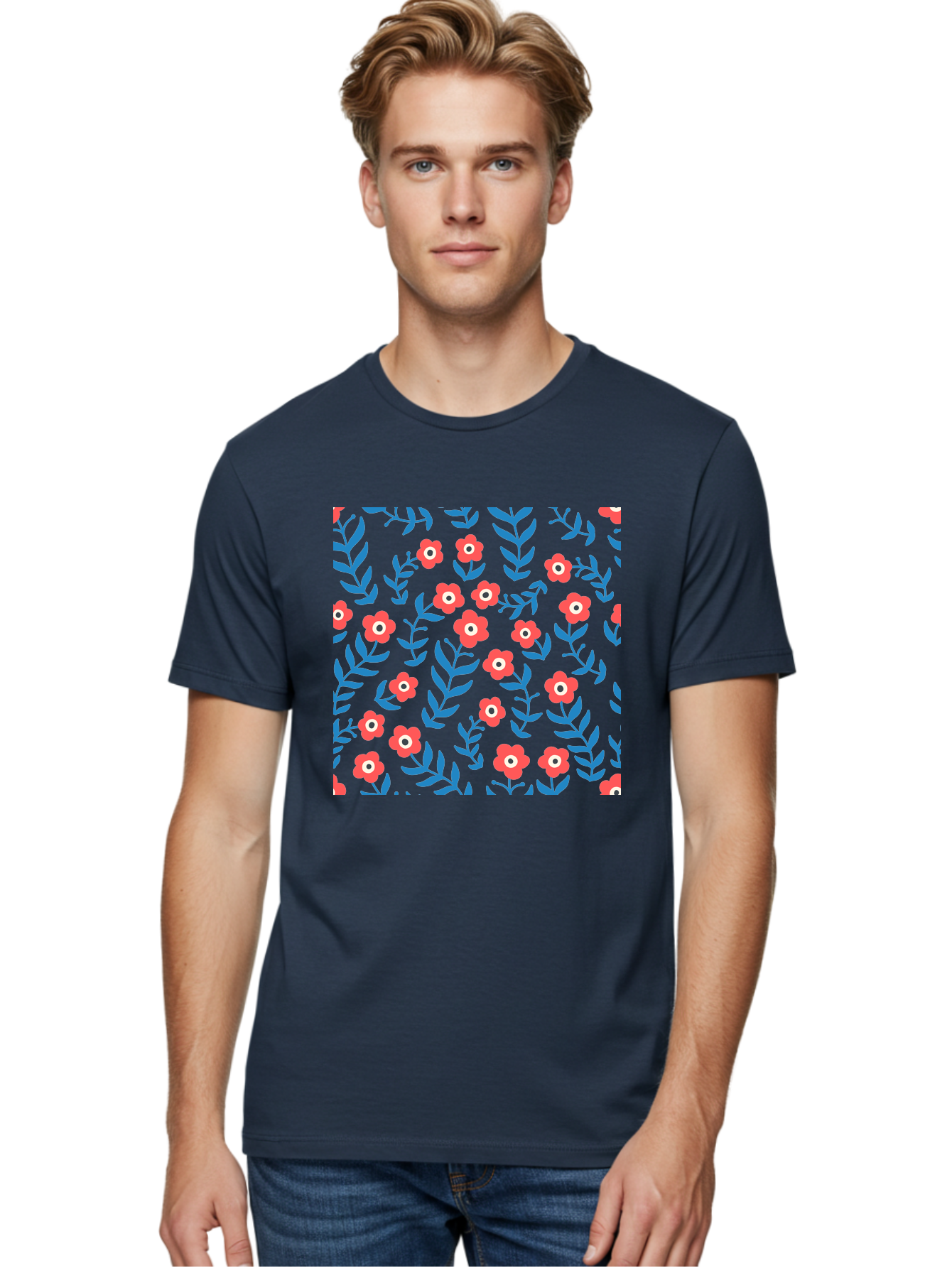 Red-Flowers-With-Blue-Leaves Men'S Graphic Tee, 100% Cotton, Comfortable Casual Summer Wear, Machine Washable, Red Flowers, Blue Leaves, Floral Pattern, Repeating Design, Vibrant Colors, Stylized Blooms, Abstract Flowers, Digital Art Aab785