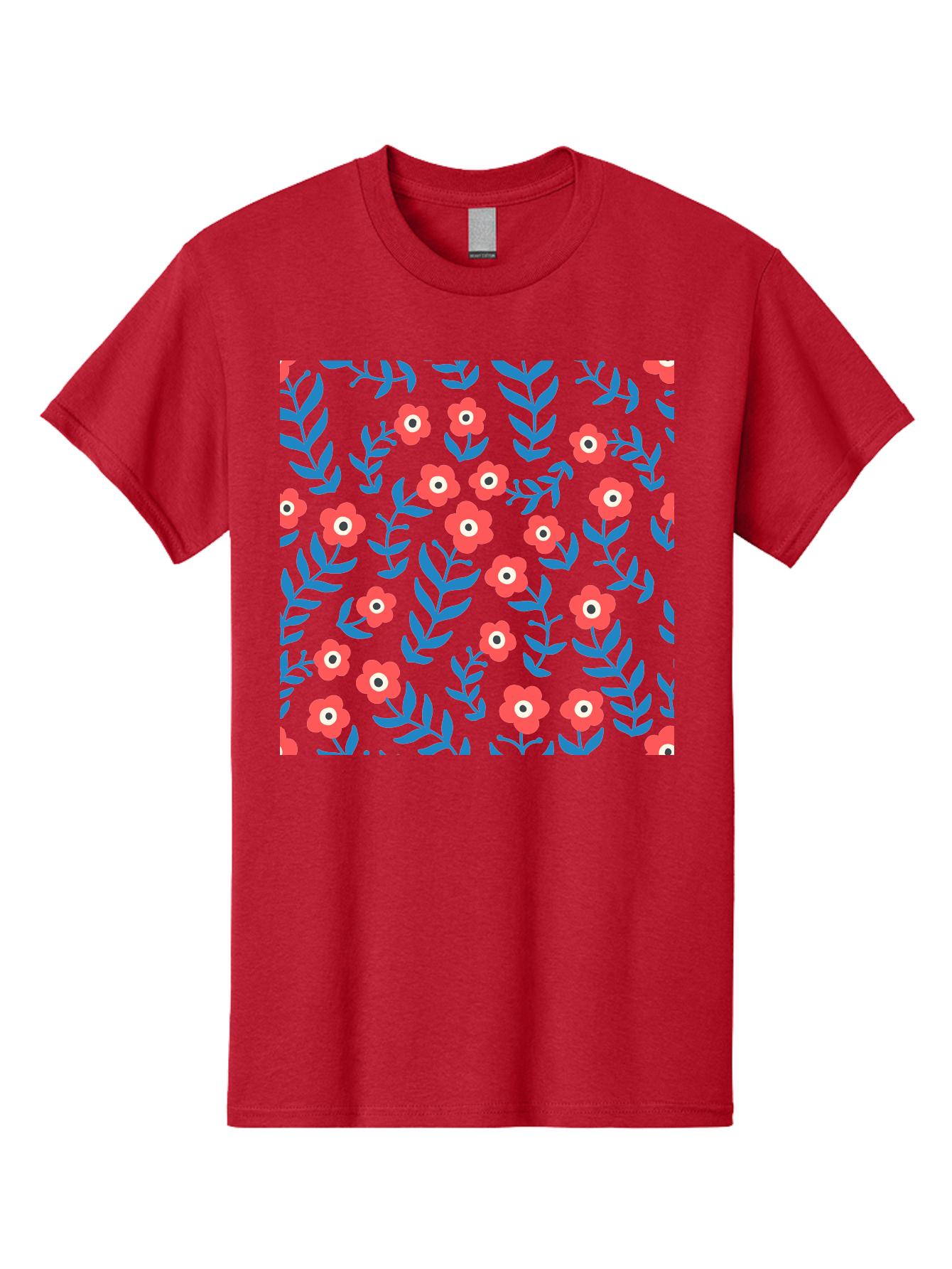 Red-Flowers-With-Blue-Leaves Men'S Graphic Tee, 100% Cotton, Comfortable Casual Summer Wear, Machine Washable, Red Flowers, Blue Leaves, Floral Pattern, Repeating Design, Vibrant Colors, Stylized Blooms, Abstract Flowers, Digital Art Aab785