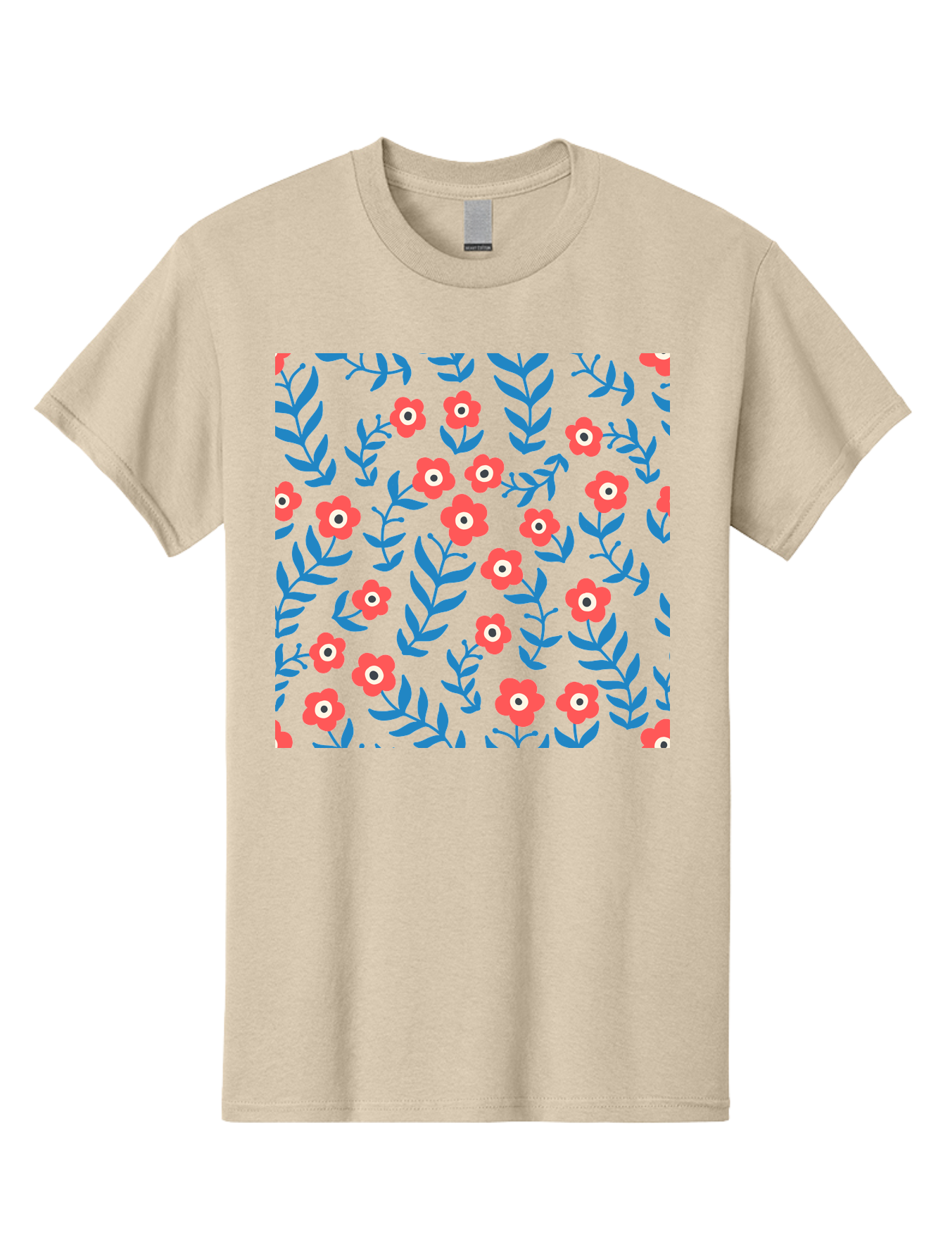 Red-Flowers-With-Blue-Leaves Men'S Graphic Tee, 100% Cotton, Comfortable Casual Summer Wear, Machine Washable, Red Flowers, Blue Leaves, Floral Pattern, Repeating Design, Vibrant Colors, Stylized Blooms, Abstract Flowers, Digital Art Aab785