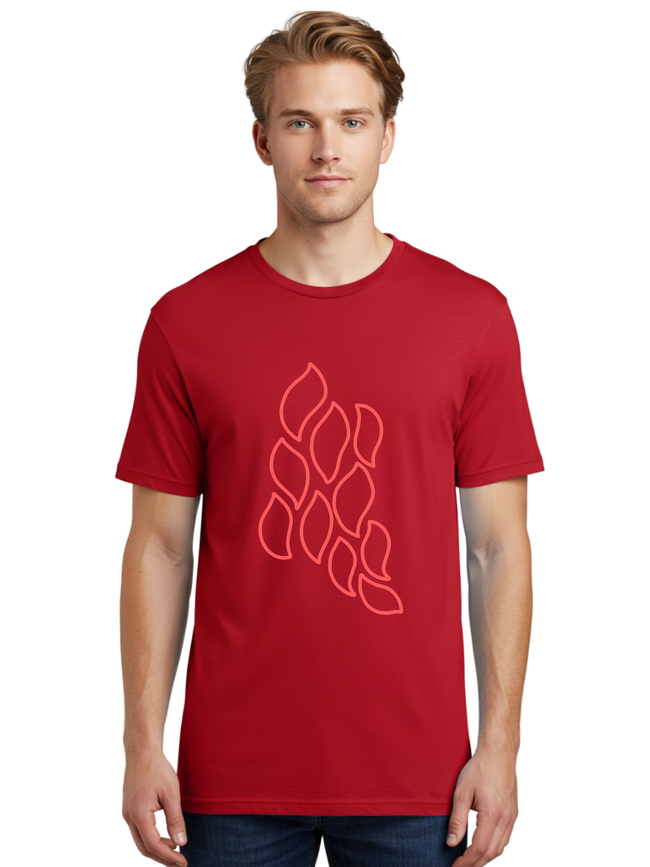 Red-Grapes Men'S Graphic Tee, 100% Cotton, Comfortable Casual Summer Wear, Machine Washable, Pink Leaves, Leafy Branch, Minimalist Design, Simple Shapes, Floral Element, Whimsical Art, Digital Illustration, Modern Graphics Aab787