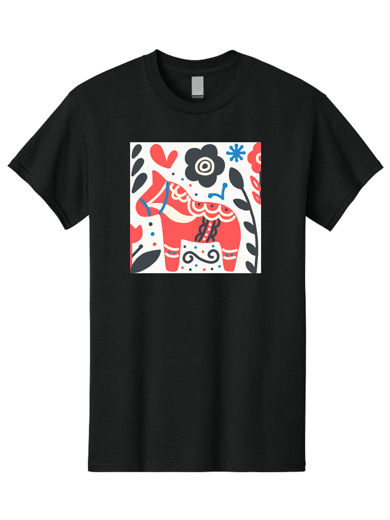 Red-Horse Men'S Graphic Tee, 100% Cotton, Comfortable Casual Summer Wear, Machine Washable, Red Dala Horse, Floral Pattern, Black And Red Flowers, Abstract Design, Folk Art, Swedish Heritage, Decorative Art, Vibrant Colors, Whimsical Design, Aab788