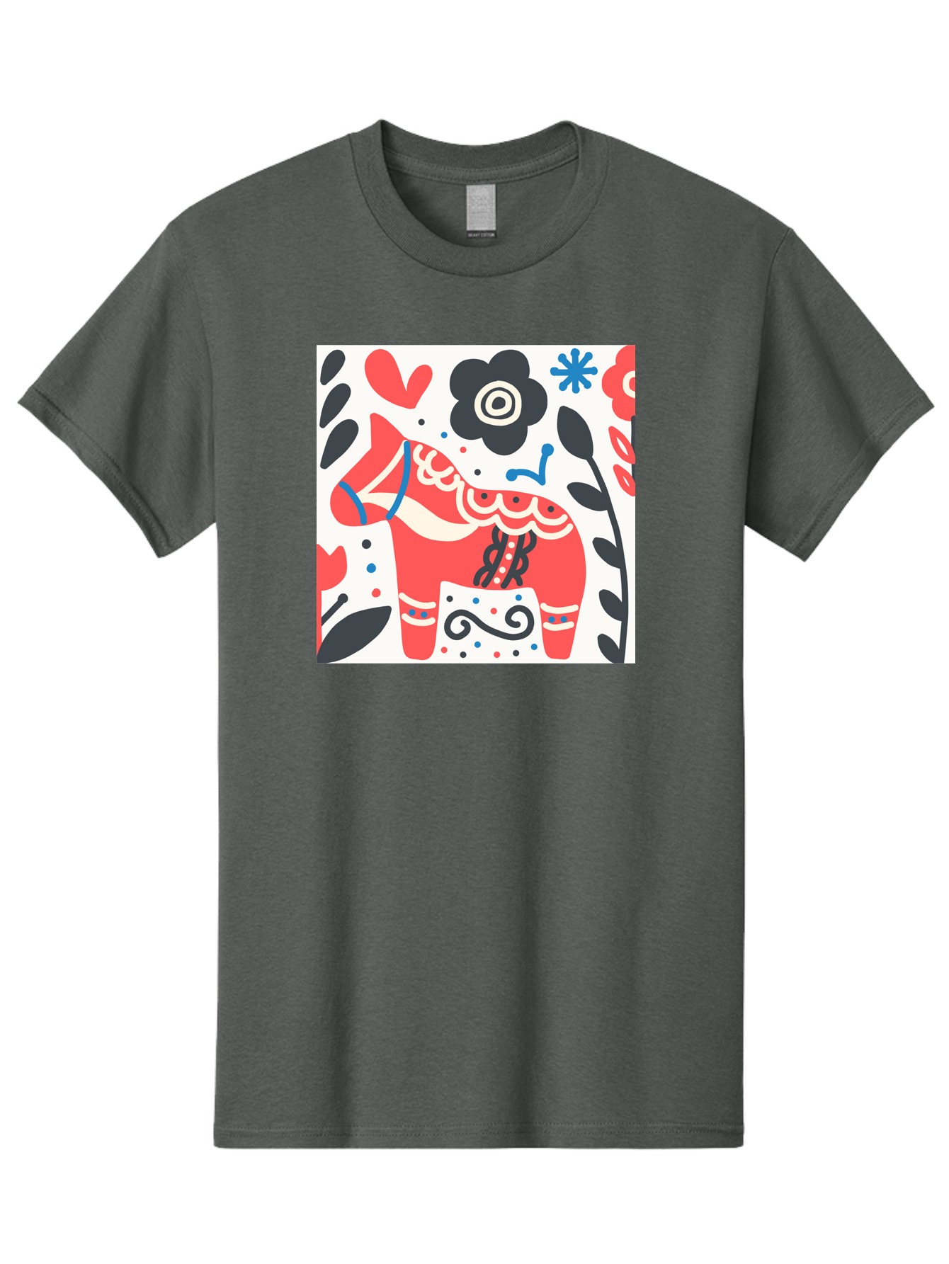 Red-Horse Men'S Graphic Tee, 100% Cotton, Comfortable Casual Summer Wear, Machine Washable, Red Dala Horse, Floral Pattern, Black And Red Flowers, Abstract Design, Folk Art, Swedish Heritage, Decorative Art, Vibrant Colors, Whimsical Design, Aab788