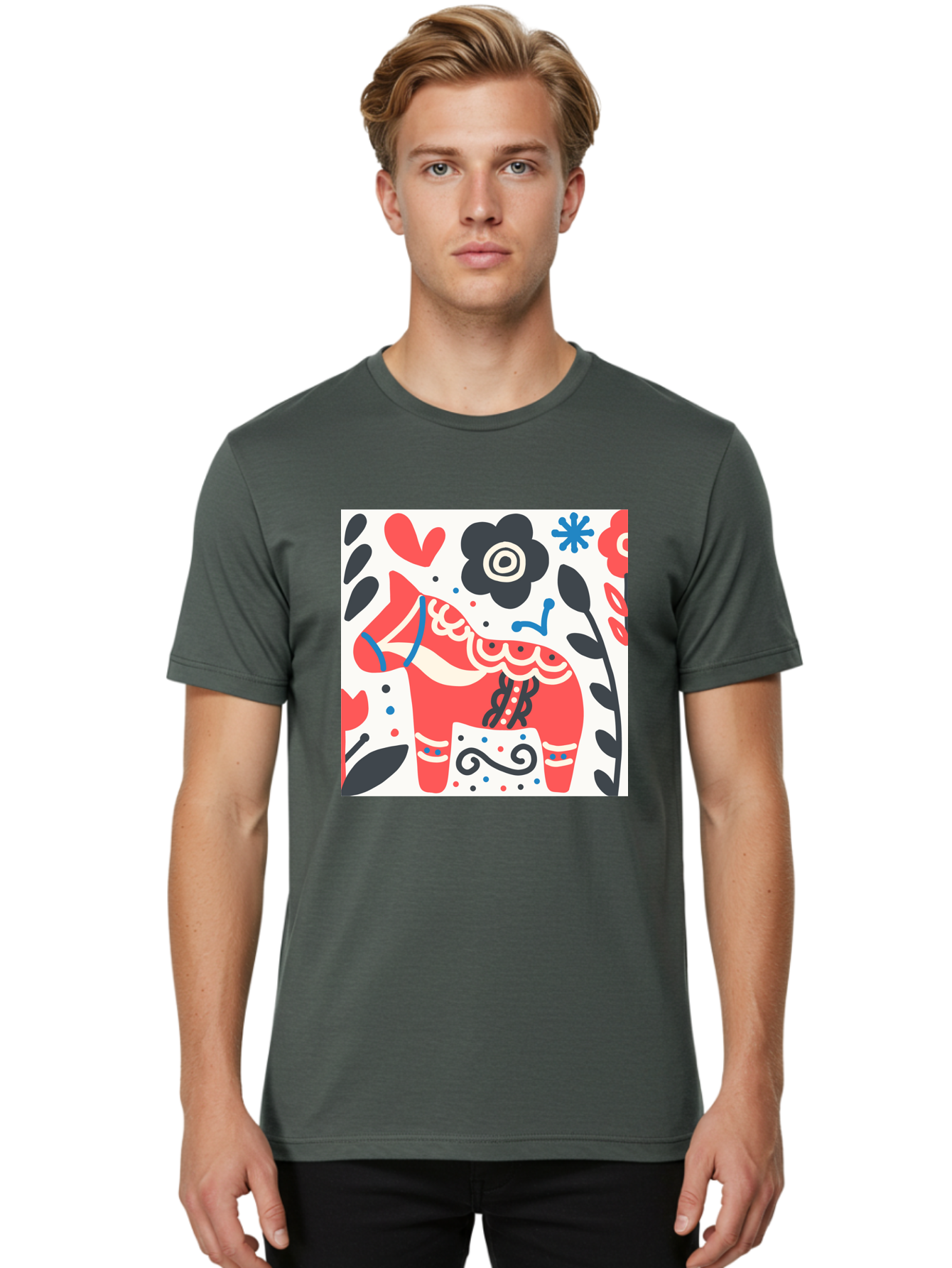 Red-Horse Men'S Graphic Tee, 100% Cotton, Comfortable Casual Summer Wear, Machine Washable, Red Dala Horse, Floral Pattern, Black And Red Flowers, Abstract Design, Folk Art, Swedish Heritage, Decorative Art, Vibrant Colors, Whimsical Design, Aab788