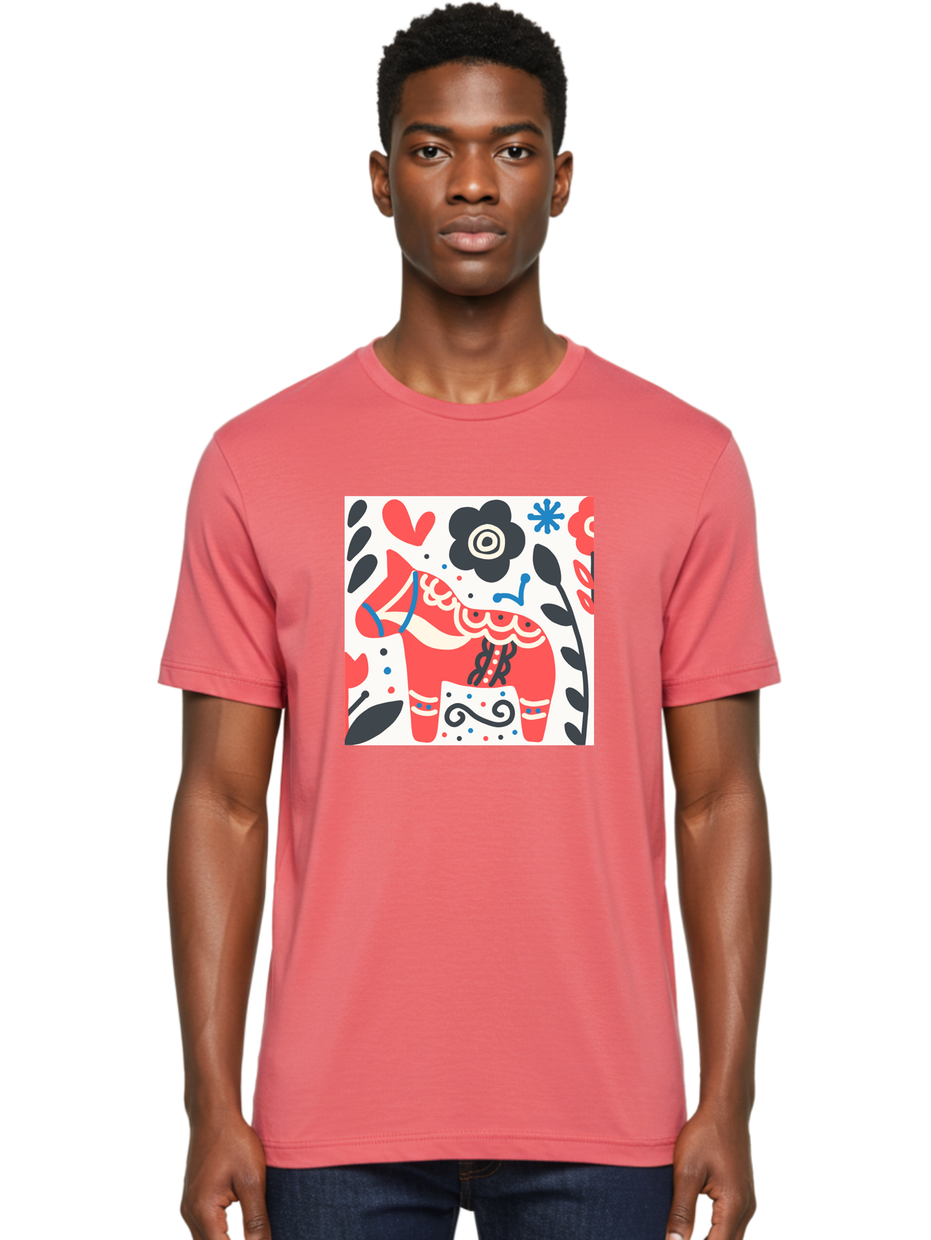 Red-Horse Men'S Graphic Tee, 100% Cotton, Comfortable Casual Summer Wear, Machine Washable, Red Dala Horse, Floral Pattern, Black And Red Flowers, Abstract Design, Folk Art, Swedish Heritage, Decorative Art, Vibrant Colors, Whimsical Design, Aab788