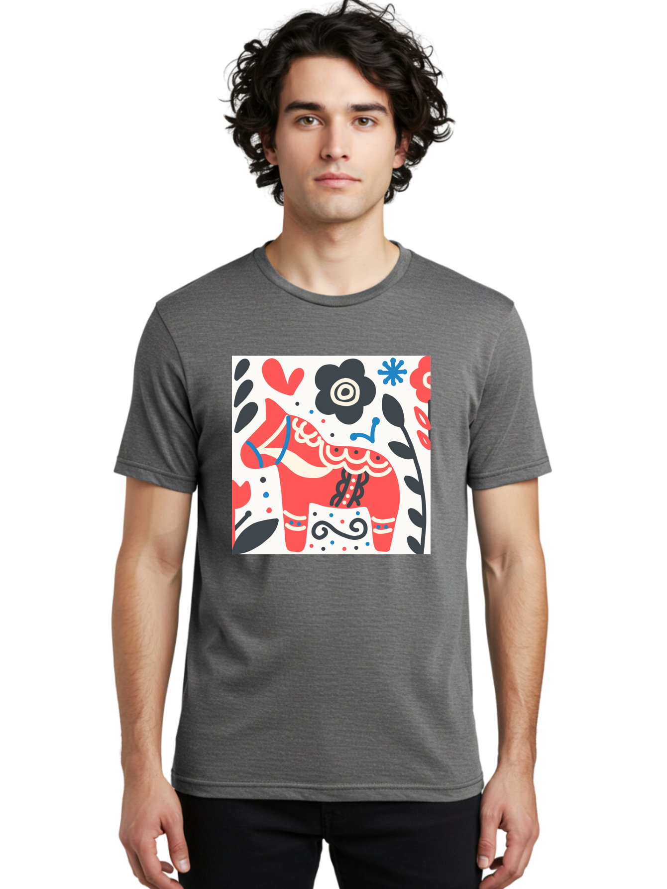 Red-Horse Men'S Graphic Tee, 100% Cotton, Comfortable Casual Summer Wear, Machine Washable, Red Dala Horse, Floral Pattern, Black And Red Flowers, Abstract Design, Folk Art, Swedish Heritage, Decorative Art, Vibrant Colors, Whimsical Design, Aab788