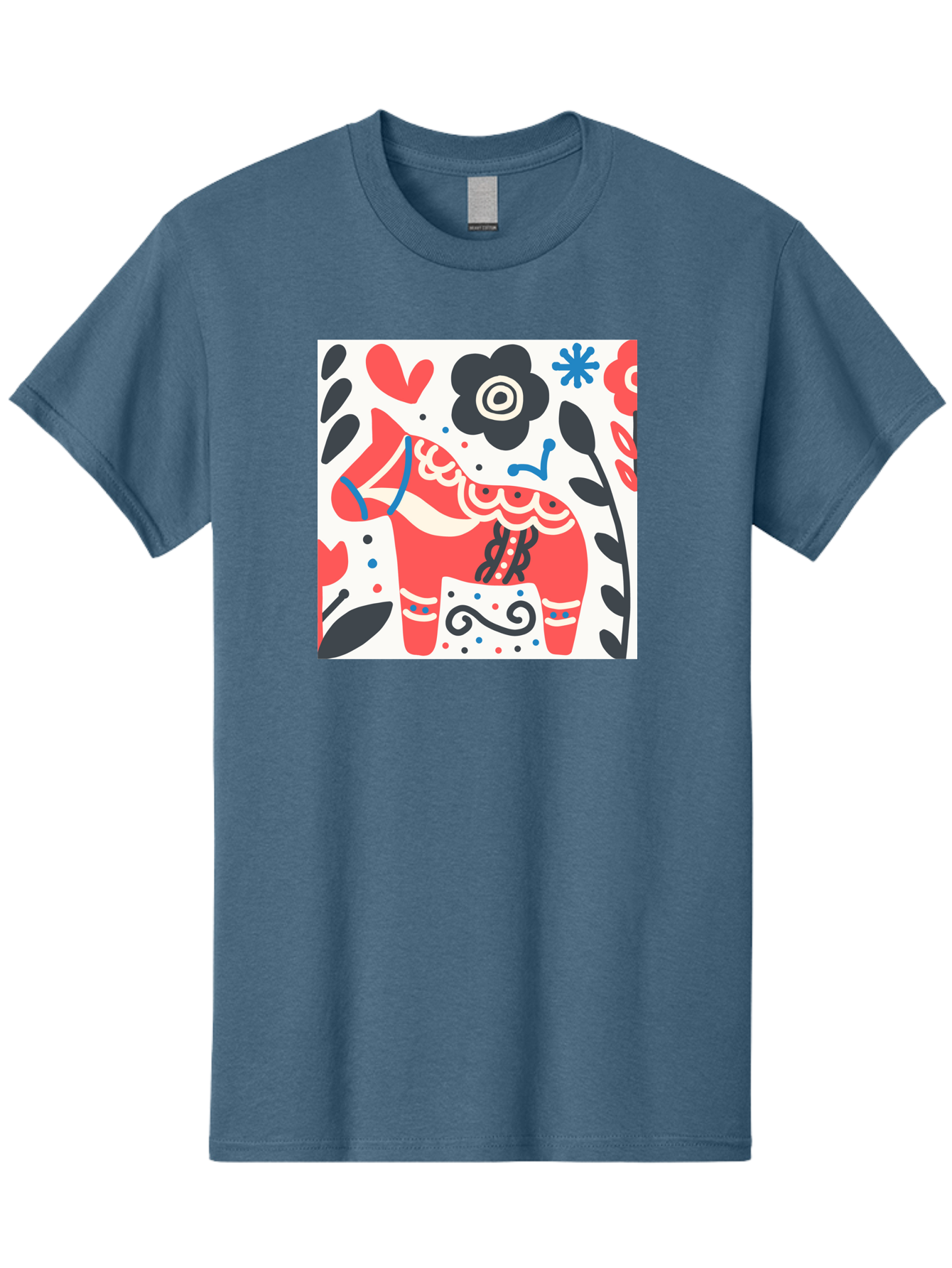 Red-Horse Men'S Graphic Tee, 100% Cotton, Comfortable Casual Summer Wear, Machine Washable, Red Dala Horse, Floral Pattern, Black And Red Flowers, Abstract Design, Folk Art, Swedish Heritage, Decorative Art, Vibrant Colors, Whimsical Design, Aab788