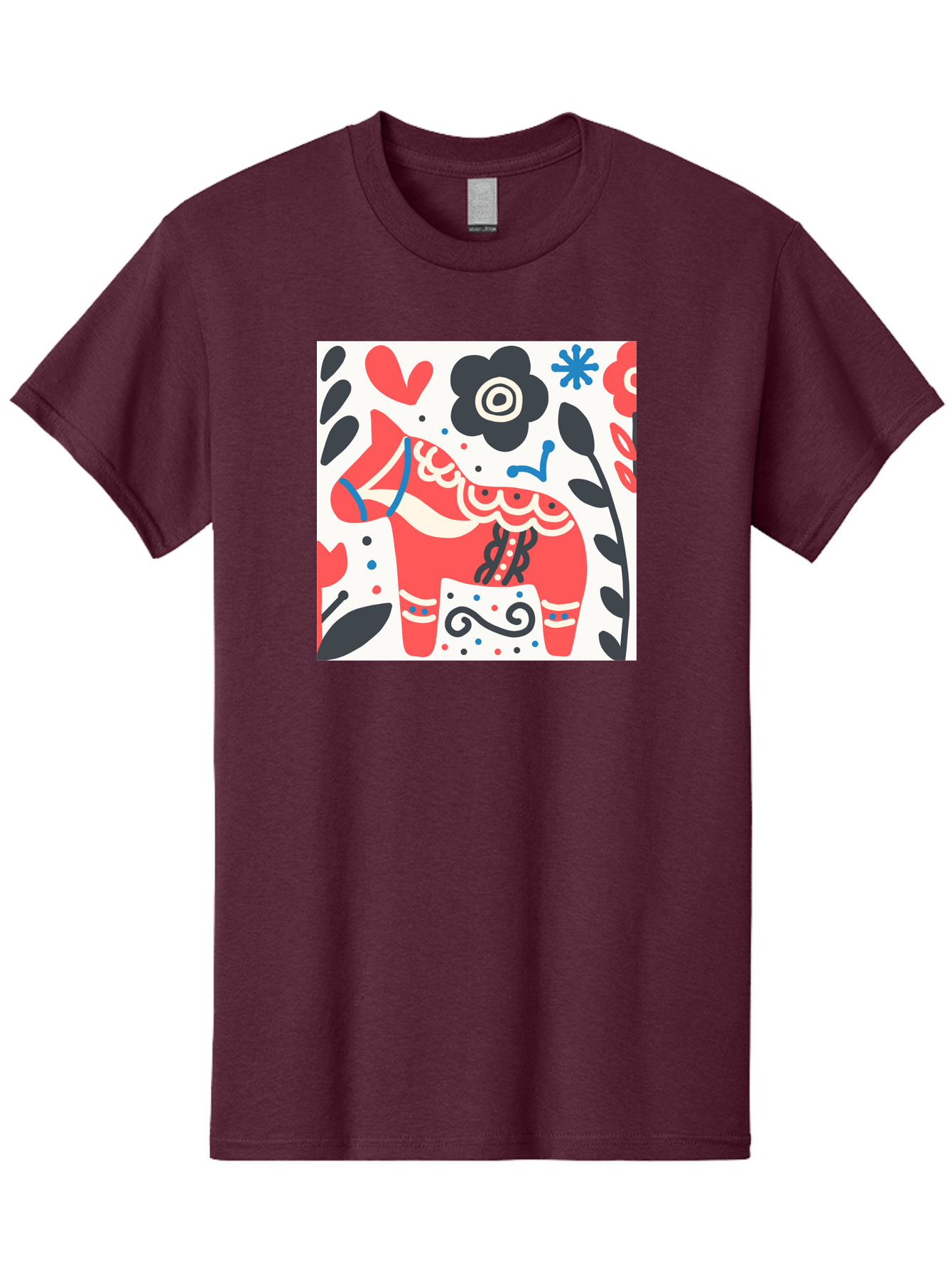 Red-Horse Men'S Graphic Tee, 100% Cotton, Comfortable Casual Summer Wear, Machine Washable, Red Dala Horse, Floral Pattern, Black And Red Flowers, Abstract Design, Folk Art, Swedish Heritage, Decorative Art, Vibrant Colors, Whimsical Design, Aab788