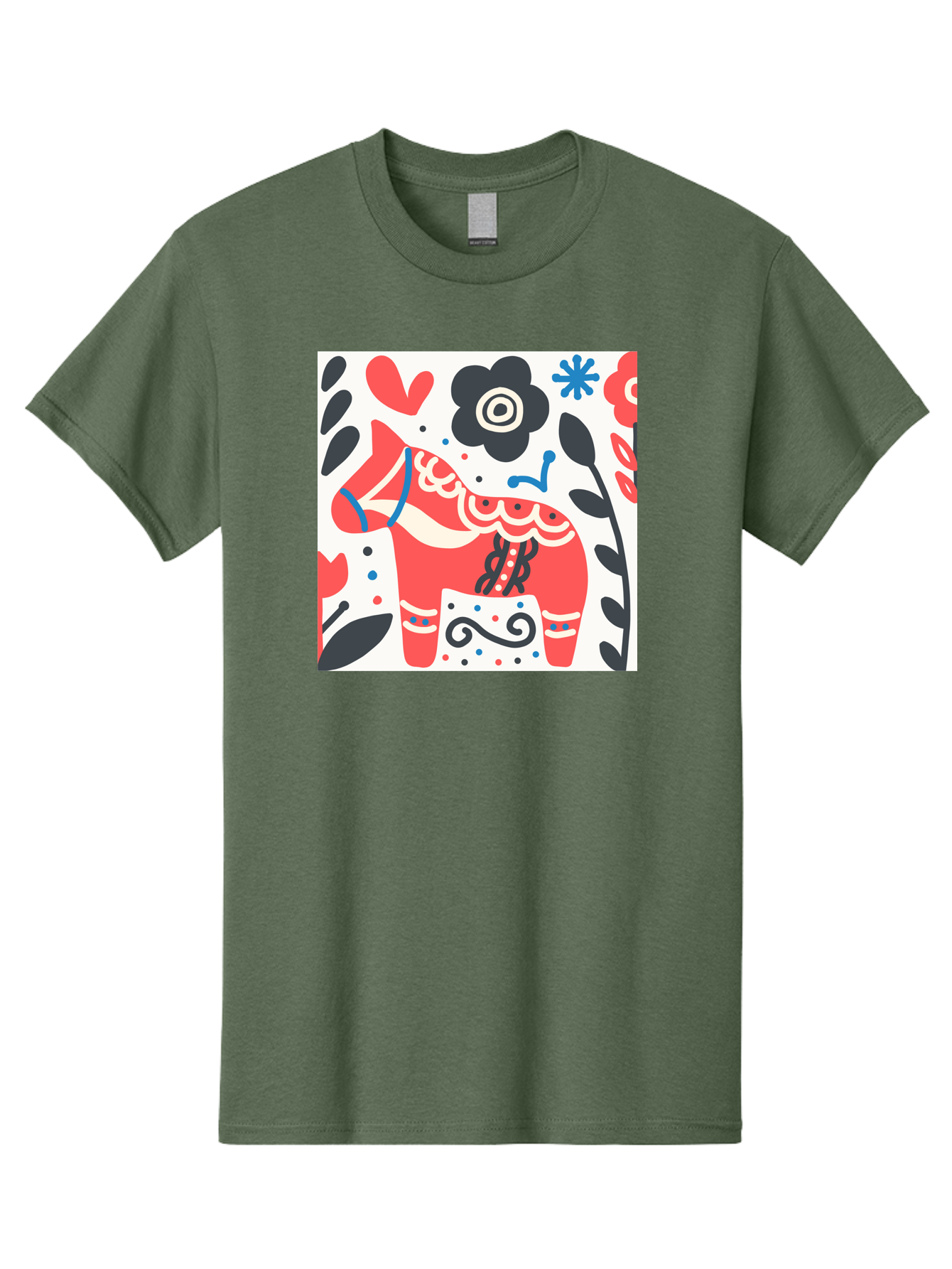 Red-Horse Men'S Graphic Tee, 100% Cotton, Comfortable Casual Summer Wear, Machine Washable, Red Dala Horse, Floral Pattern, Black And Red Flowers, Abstract Design, Folk Art, Swedish Heritage, Decorative Art, Vibrant Colors, Whimsical Design, Aab788