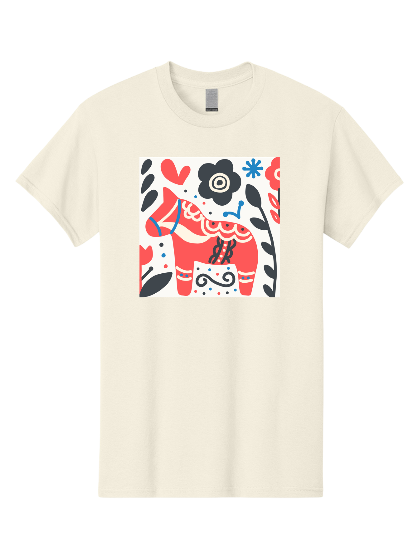 Red-Horse Men'S Graphic Tee, 100% Cotton, Comfortable Casual Summer Wear, Machine Washable, Red Dala Horse, Floral Pattern, Black And Red Flowers, Abstract Design, Folk Art, Swedish Heritage, Decorative Art, Vibrant Colors, Whimsical Design, Aab788