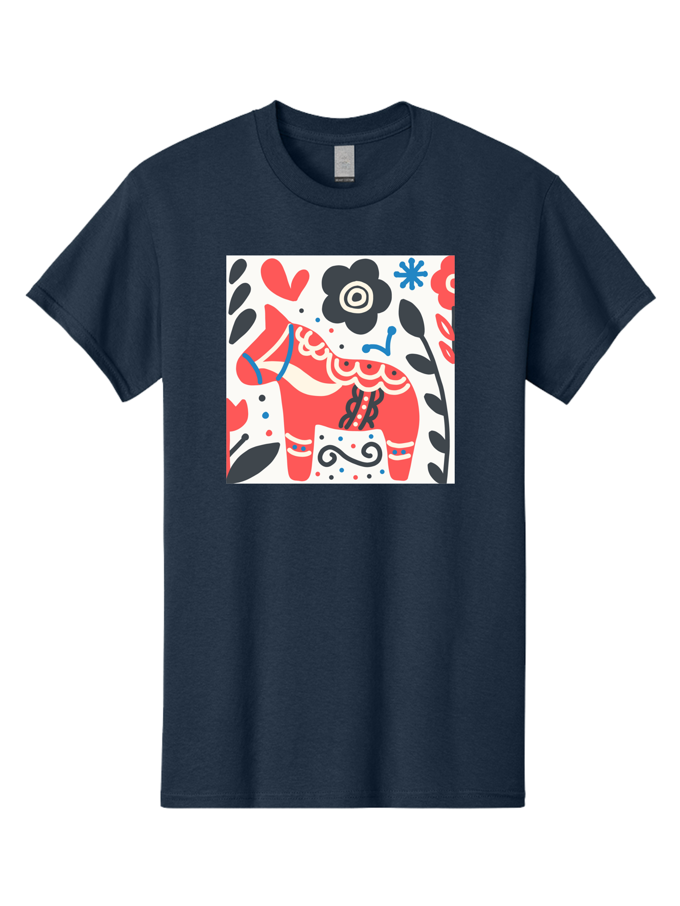 Red-Horse Men'S Graphic Tee, 100% Cotton, Comfortable Casual Summer Wear, Machine Washable, Red Dala Horse, Floral Pattern, Black And Red Flowers, Abstract Design, Folk Art, Swedish Heritage, Decorative Art, Vibrant Colors, Whimsical Design, Aab788