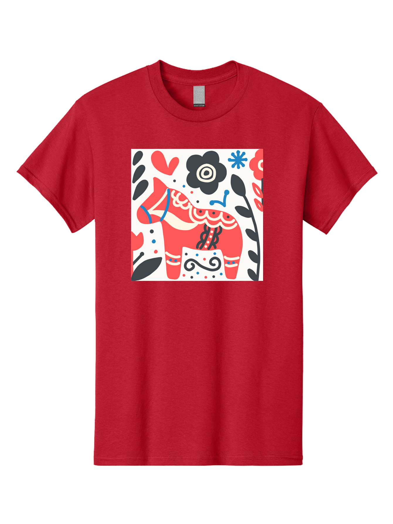 Red-Horse Men'S Graphic Tee, 100% Cotton, Comfortable Casual Summer Wear, Machine Washable, Red Dala Horse, Floral Pattern, Black And Red Flowers, Abstract Design, Folk Art, Swedish Heritage, Decorative Art, Vibrant Colors, Whimsical Design, Aab788