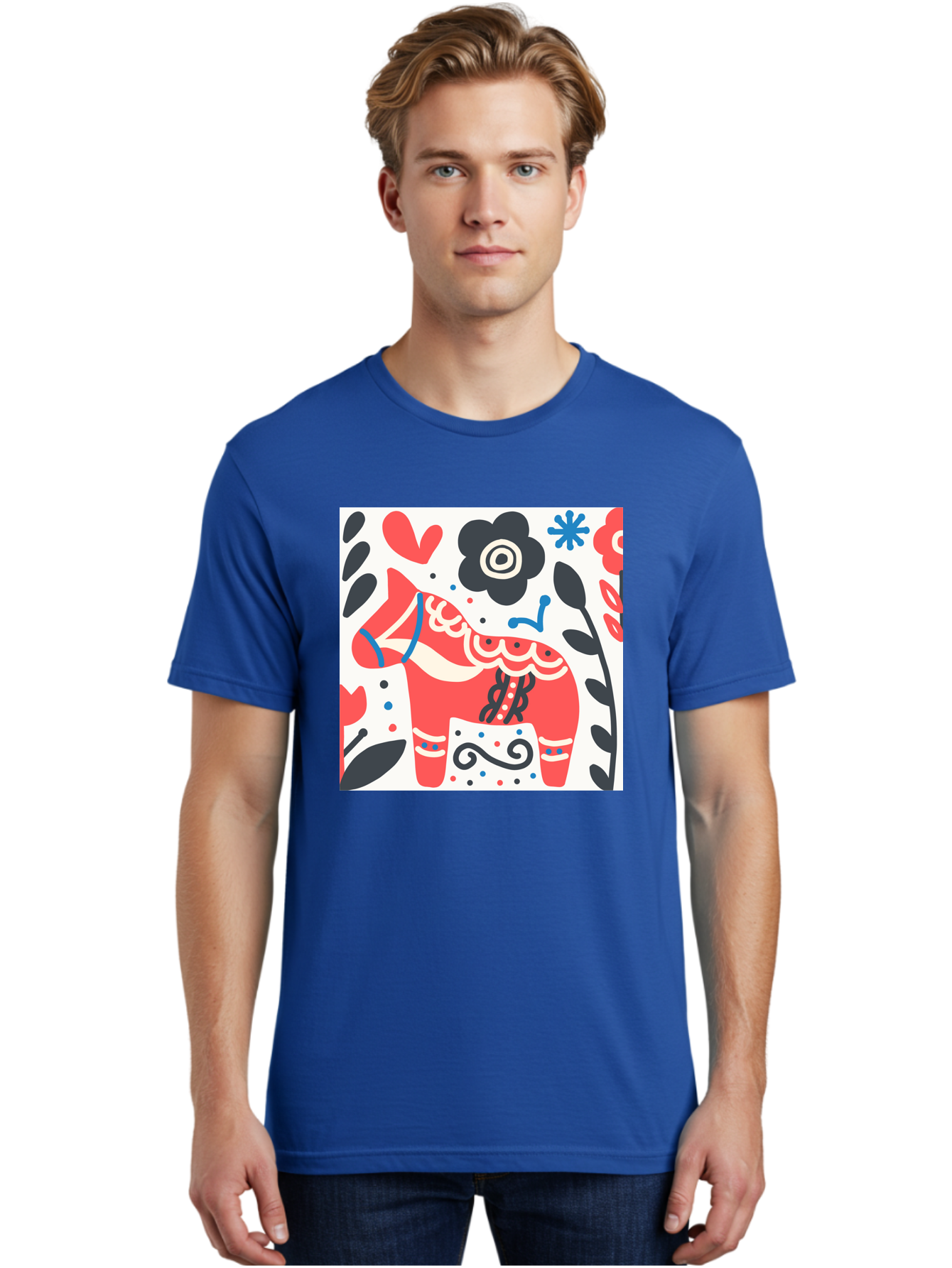 Red-Horse Men'S Graphic Tee, 100% Cotton, Comfortable Casual Summer Wear, Machine Washable, Red Dala Horse, Floral Pattern, Black And Red Flowers, Abstract Design, Folk Art, Swedish Heritage, Decorative Art, Vibrant Colors, Whimsical Design, Aab788