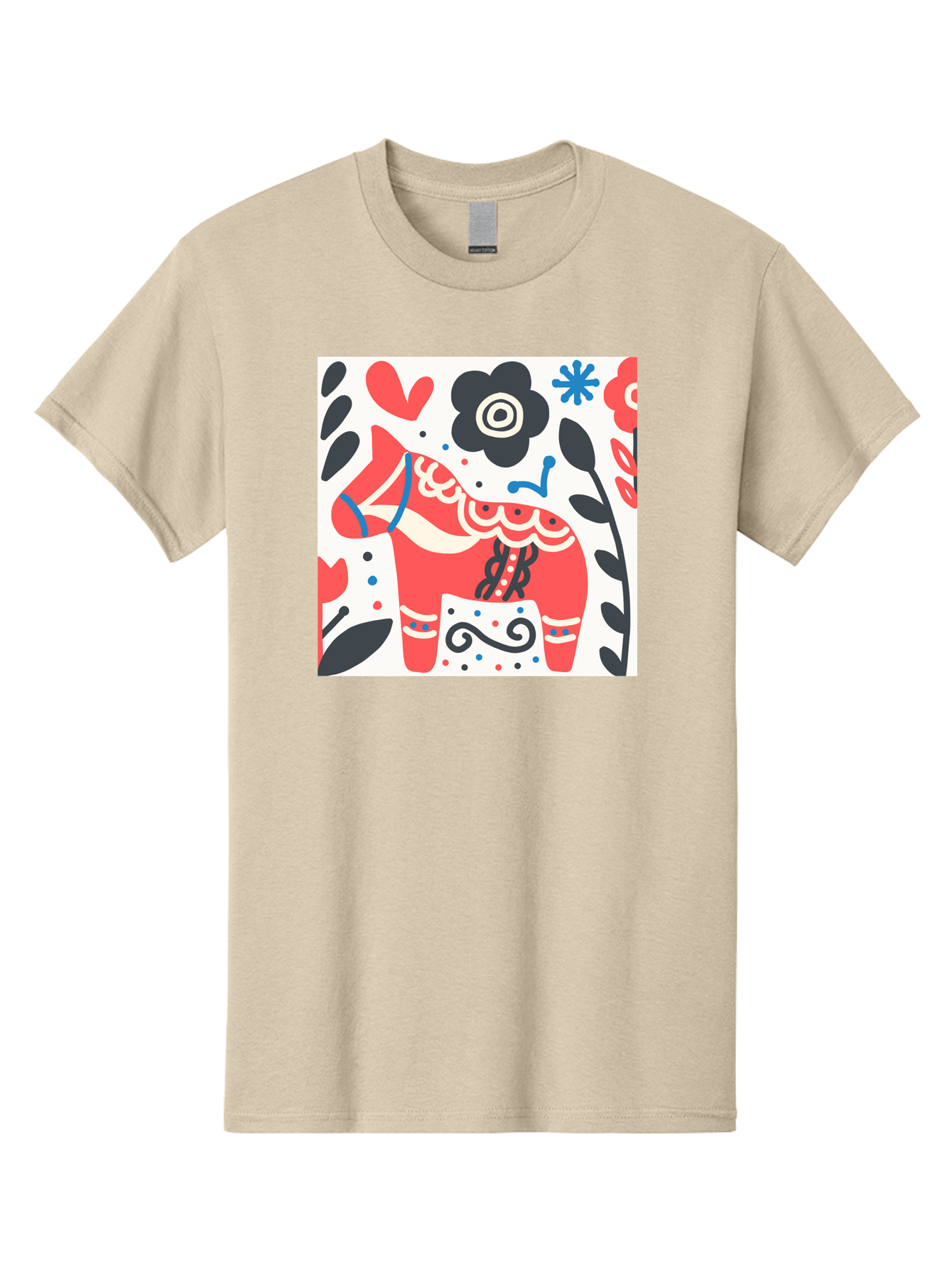 Red-Horse Men'S Graphic Tee, 100% Cotton, Comfortable Casual Summer Wear, Machine Washable, Red Dala Horse, Floral Pattern, Black And Red Flowers, Abstract Design, Folk Art, Swedish Heritage, Decorative Art, Vibrant Colors, Whimsical Design, Aab788