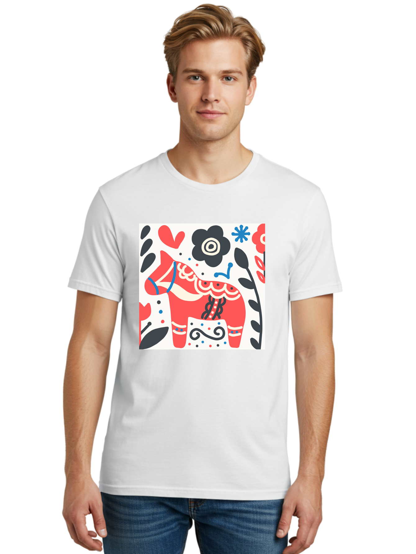 Red-Horse Men'S Graphic Tee, 100% Cotton, Comfortable Casual Summer Wear, Machine Washable, Red Dala Horse, Floral Pattern, Black And Red Flowers, Abstract Design, Folk Art, Swedish Heritage, Decorative Art, Vibrant Colors, Whimsical Design, Aab788