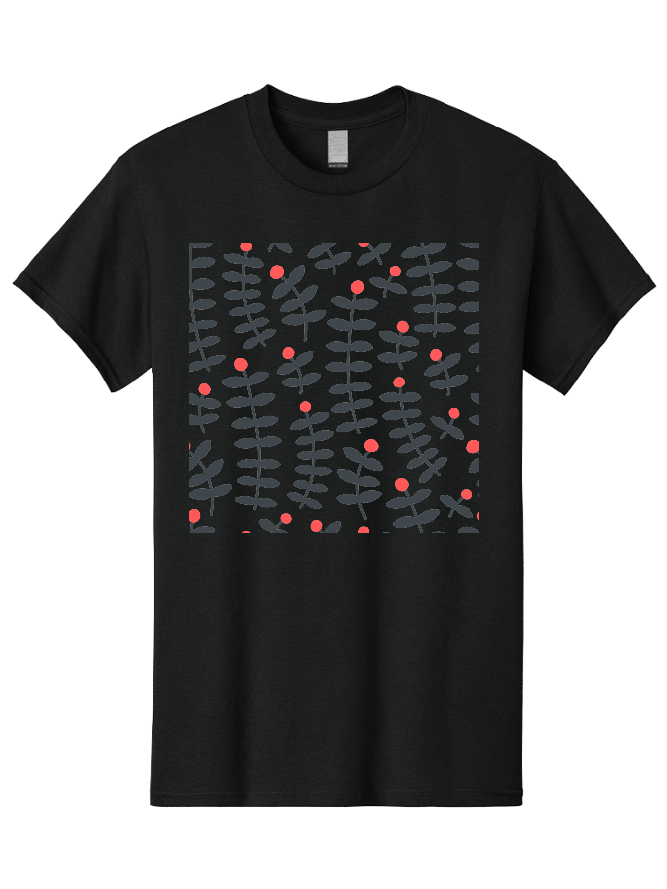 Repeating-Floral-Pattern Men'S Graphic Tee, 100% Cotton, Comfortable Casual Summer Wear, Machine Washable, Repeating Leaf Pattern, Black Leaves, Red Flowers, Floral Design, Seamless Texture, Graphic Illustration, Botanical Motif Aab789