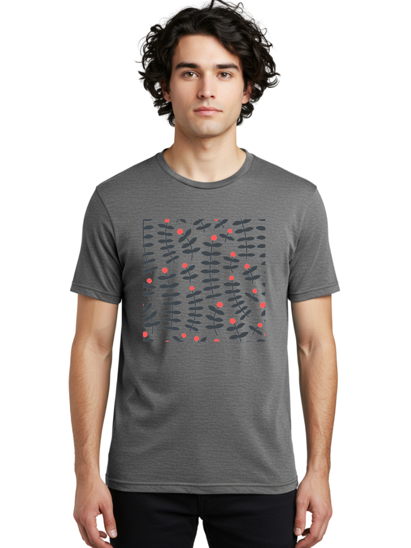 Repeating-Floral-Pattern Men'S Graphic Tee, 100% Cotton, Comfortable Casual Summer Wear, Machine Washable, Repeating Leaf Pattern, Black Leaves, Red Flowers, Floral Design, Seamless Texture, Graphic Illustration, Botanical Motif Aab789