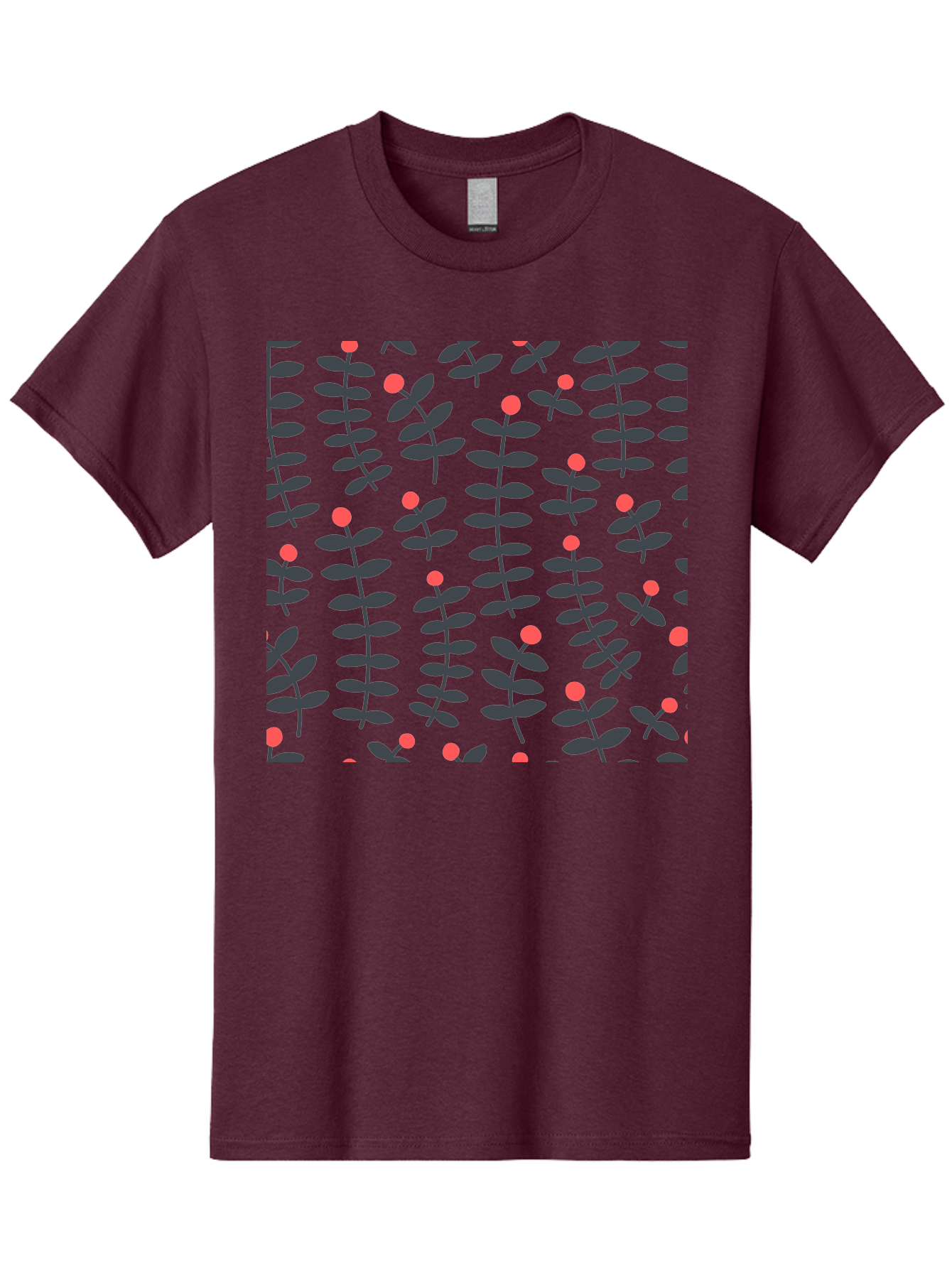 Repeating-Floral-Pattern Men'S Graphic Tee, 100% Cotton, Comfortable Casual Summer Wear, Machine Washable, Repeating Leaf Pattern, Black Leaves, Red Flowers, Floral Design, Seamless Texture, Graphic Illustration, Botanical Motif Aab789