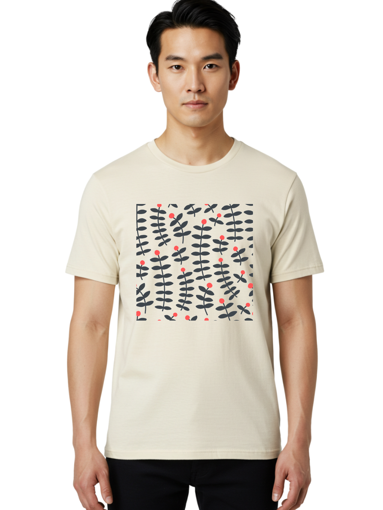 Repeating-Floral-Pattern Men'S Graphic Tee, 100% Cotton, Comfortable Casual Summer Wear, Machine Washable, Repeating Leaf Pattern, Black Leaves, Red Flowers, Floral Design, Seamless Texture, Graphic Illustration, Botanical Motif Aab789