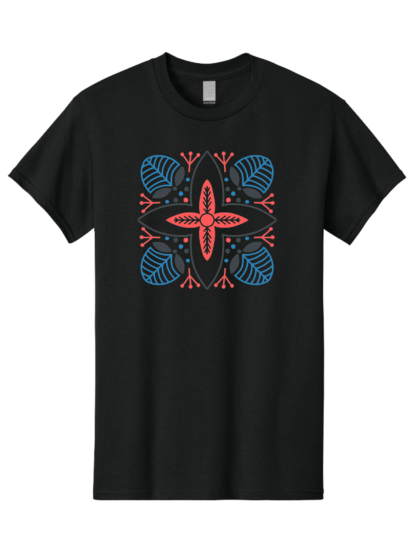 Rosette-Pattern Men'S Graphic Tee, 100% Cotton, Comfortable Casual Summer Wear, Machine Washable, Symmetrical Floral Design, Red And Blue Petals, White Background, Black Outlines, Leaf Patterns, Colorful Dots, Abstract Art, Decorative Motif, Aab790