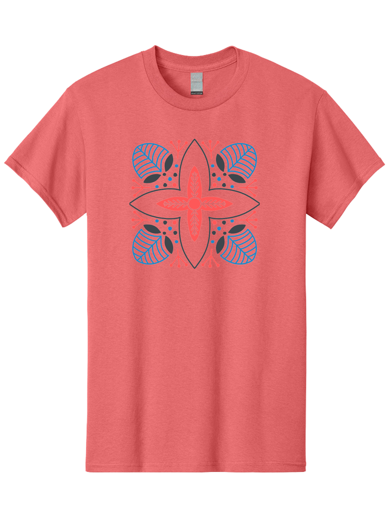 Rosette-Pattern Men'S Graphic Tee, 100% Cotton, Comfortable Casual Summer Wear, Machine Washable, Symmetrical Floral Design, Red And Blue Petals, White Background, Black Outlines, Leaf Patterns, Colorful Dots, Abstract Art, Decorative Motif, Aab790