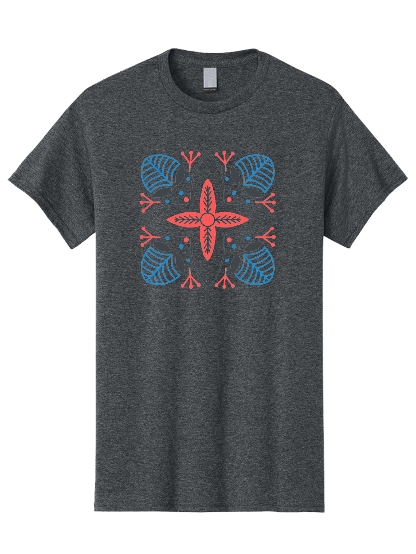 Rosette-Pattern Men'S Graphic Tee, 100% Cotton, Comfortable Casual Summer Wear, Machine Washable, Symmetrical Floral Design, Red And Blue Petals, White Background, Black Outlines, Leaf Patterns, Colorful Dots, Abstract Art, Decorative Motif, Aab790