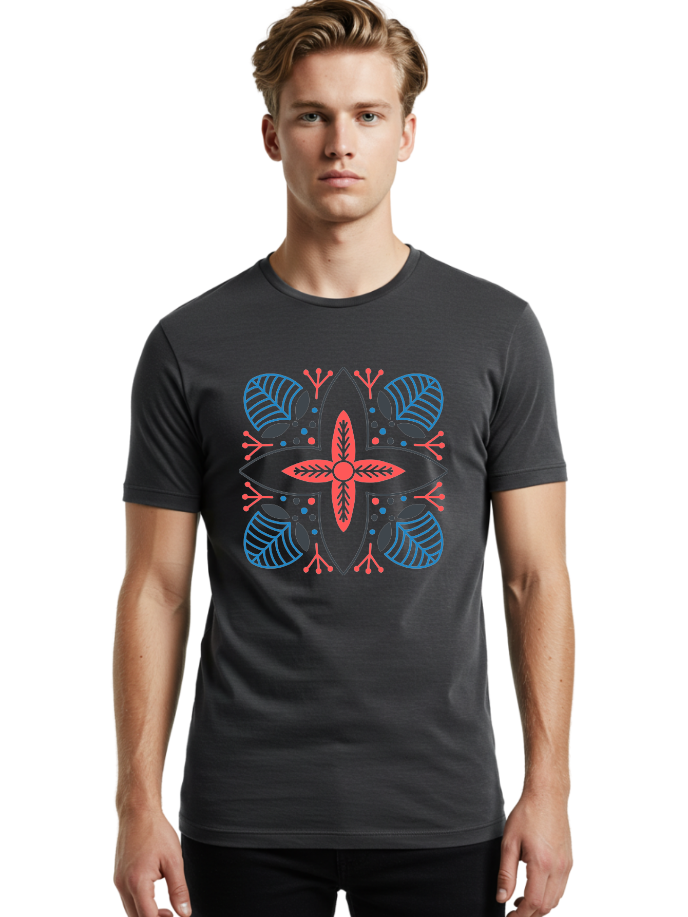 Rosette-Pattern Men'S Graphic Tee, 100% Cotton, Comfortable Casual Summer Wear, Machine Washable, Symmetrical Floral Design, Red And Blue Petals, White Background, Black Outlines, Leaf Patterns, Colorful Dots, Abstract Art, Decorative Motif, Aab790