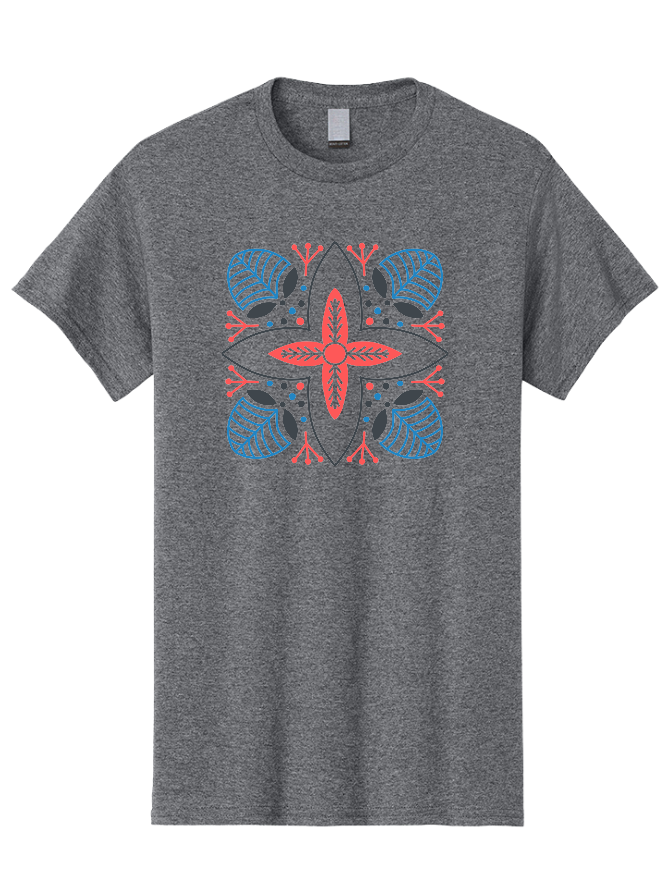 Rosette-Pattern Men'S Graphic Tee, 100% Cotton, Comfortable Casual Summer Wear, Machine Washable, Symmetrical Floral Design, Red And Blue Petals, White Background, Black Outlines, Leaf Patterns, Colorful Dots, Abstract Art, Decorative Motif, Aab790