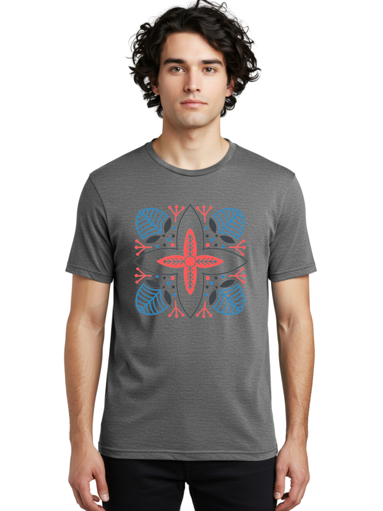 Rosette-Pattern Men'S Graphic Tee, 100% Cotton, Comfortable Casual Summer Wear, Machine Washable, Symmetrical Floral Design, Red And Blue Petals, White Background, Black Outlines, Leaf Patterns, Colorful Dots, Abstract Art, Decorative Motif, Aab790