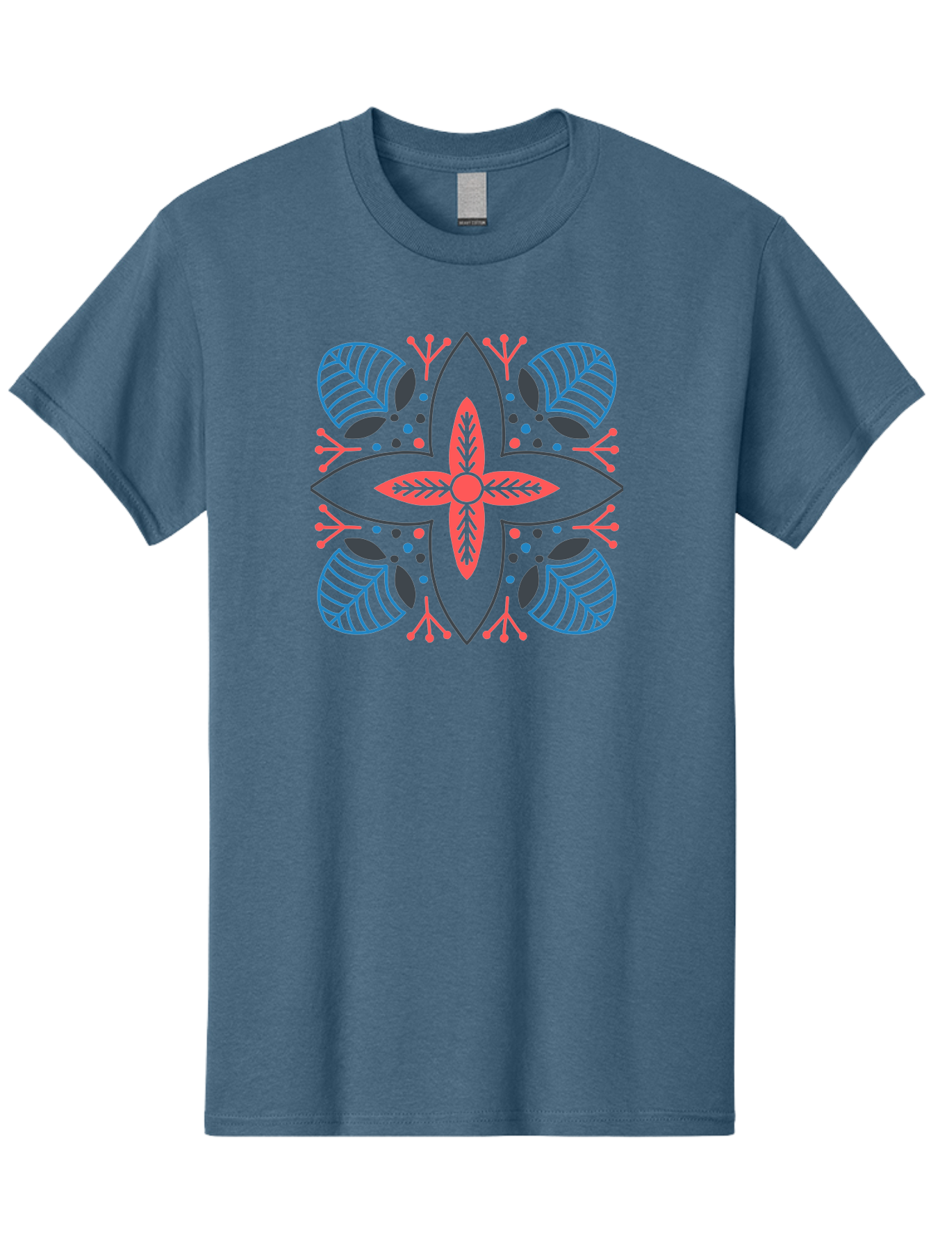 Rosette-Pattern Men'S Graphic Tee, 100% Cotton, Comfortable Casual Summer Wear, Machine Washable, Symmetrical Floral Design, Red And Blue Petals, White Background, Black Outlines, Leaf Patterns, Colorful Dots, Abstract Art, Decorative Motif, Aab790