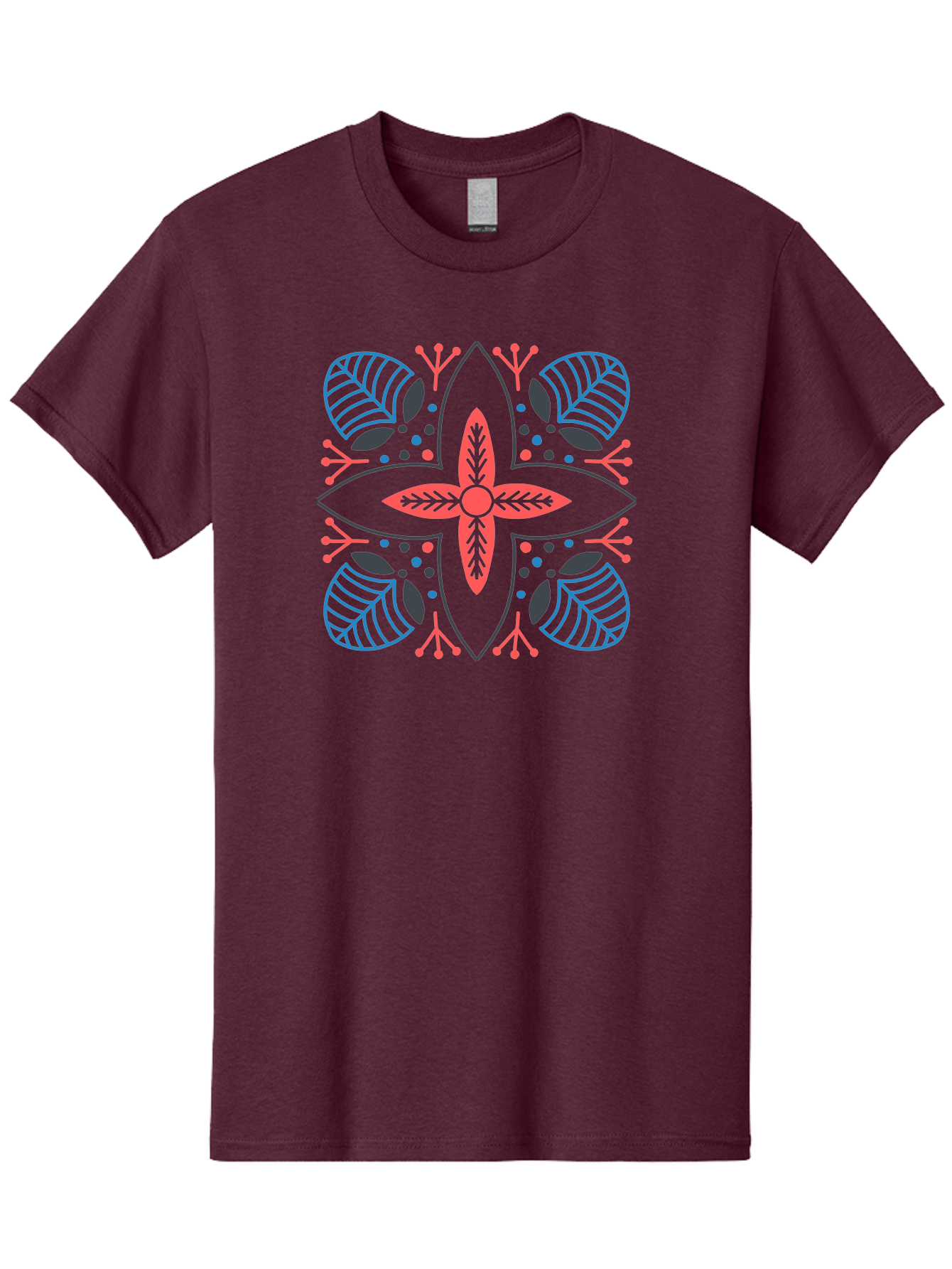 Rosette-Pattern Men'S Graphic Tee, 100% Cotton, Comfortable Casual Summer Wear, Machine Washable, Symmetrical Floral Design, Red And Blue Petals, White Background, Black Outlines, Leaf Patterns, Colorful Dots, Abstract Art, Decorative Motif, Aab790