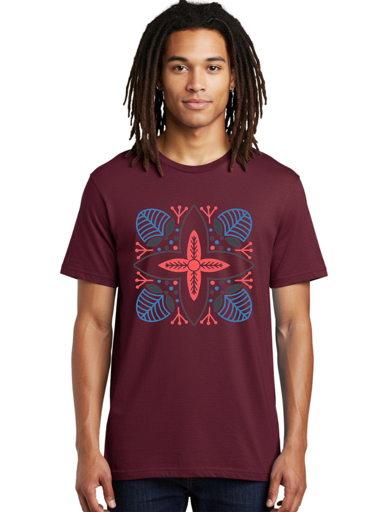Rosette-Pattern Men'S Graphic Tee, 100% Cotton, Comfortable Casual Summer Wear, Machine Washable, Symmetrical Floral Design, Red And Blue Petals, White Background, Black Outlines, Leaf Patterns, Colorful Dots, Abstract Art, Decorative Motif, Aab790