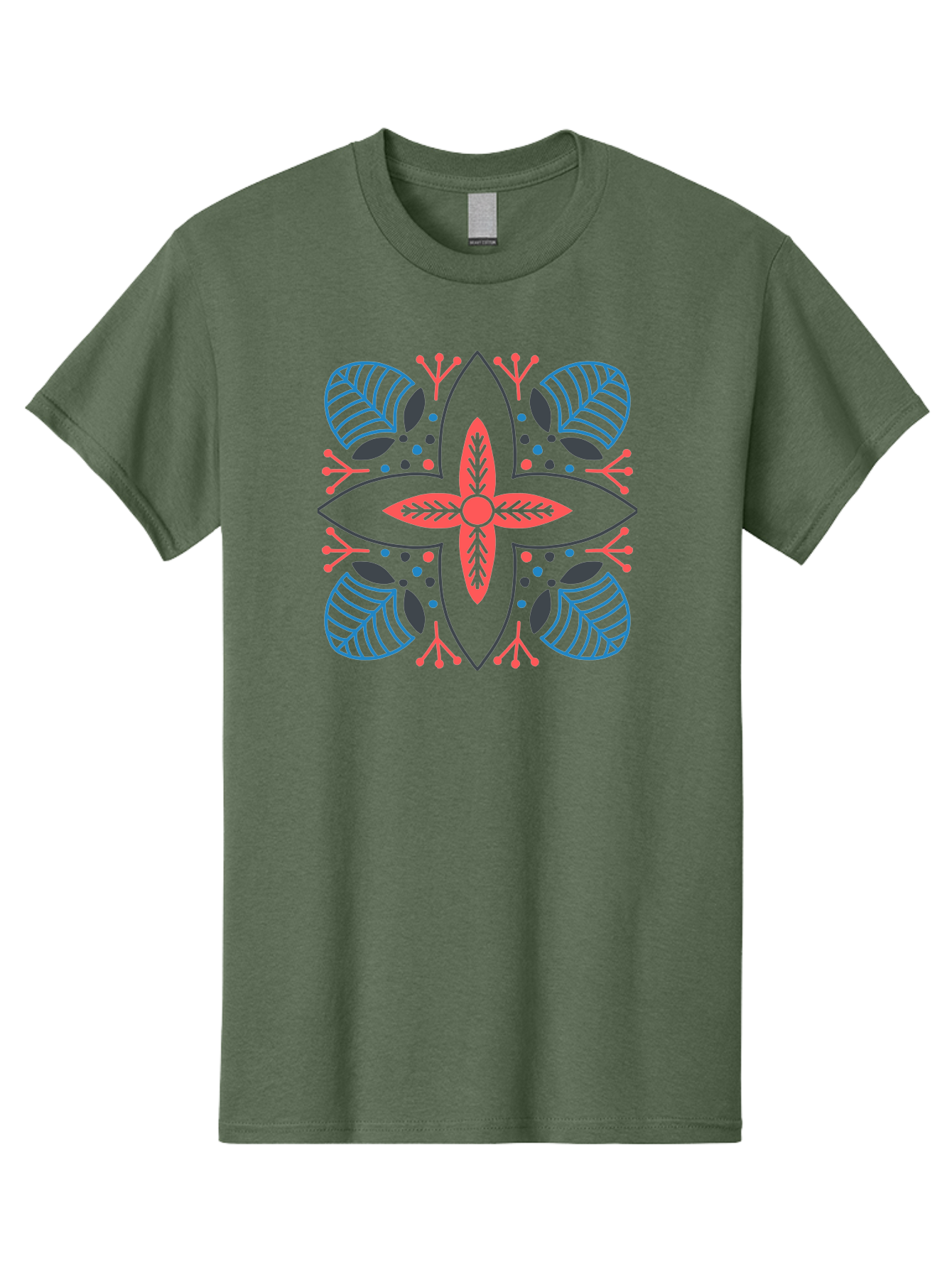 Rosette-Pattern Men'S Graphic Tee, 100% Cotton, Comfortable Casual Summer Wear, Machine Washable, Symmetrical Floral Design, Red And Blue Petals, White Background, Black Outlines, Leaf Patterns, Colorful Dots, Abstract Art, Decorative Motif, Aab790
