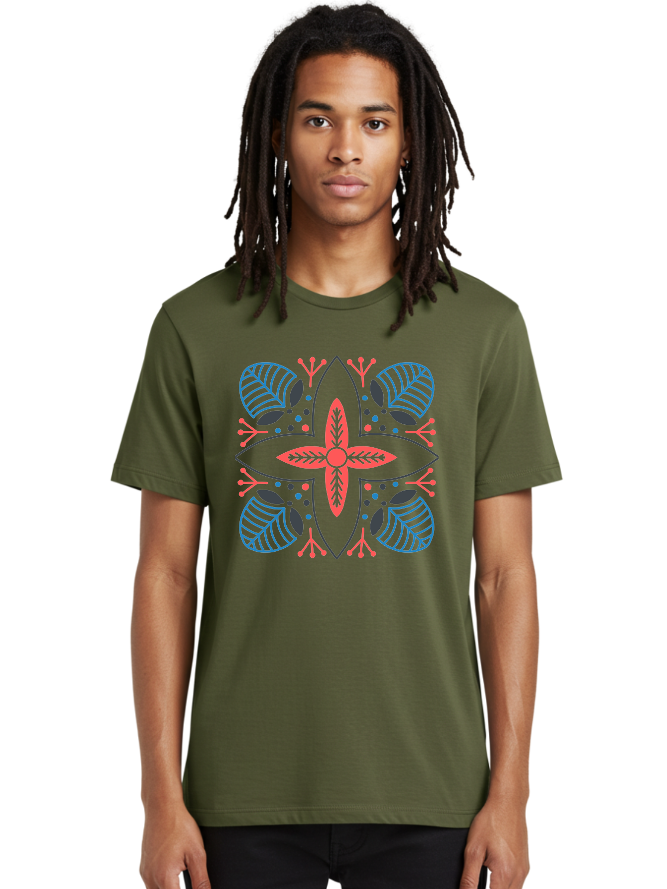 Rosette-Pattern Men'S Graphic Tee, 100% Cotton, Comfortable Casual Summer Wear, Machine Washable, Symmetrical Floral Design, Red And Blue Petals, White Background, Black Outlines, Leaf Patterns, Colorful Dots, Abstract Art, Decorative Motif, Aab790