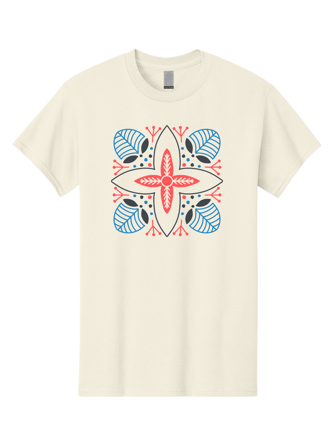 Rosette-Pattern Men'S Graphic Tee, 100% Cotton, Comfortable Casual Summer Wear, Machine Washable, Symmetrical Floral Design, Red And Blue Petals, White Background, Black Outlines, Leaf Patterns, Colorful Dots, Abstract Art, Decorative Motif, Aab790