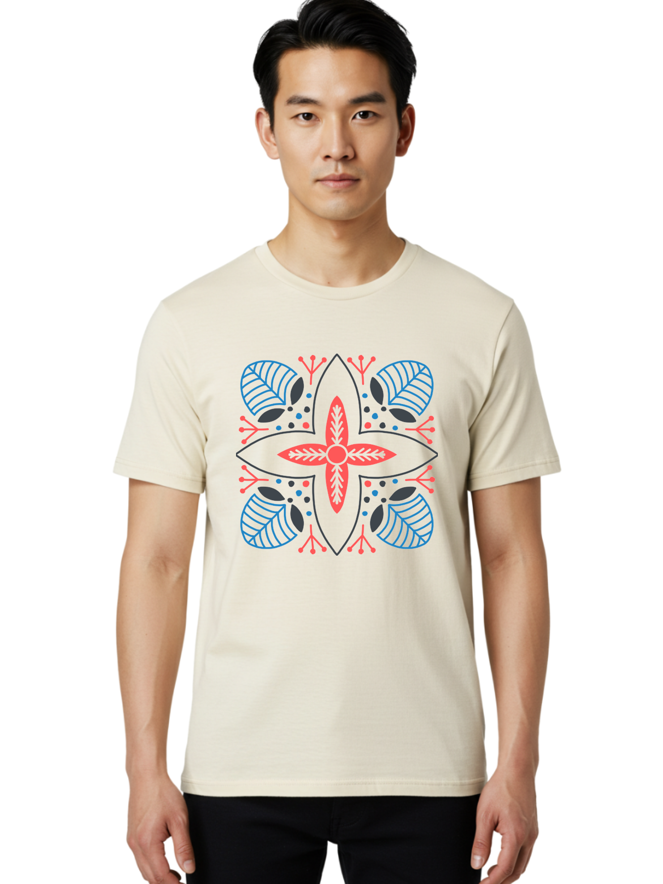 Rosette-Pattern Men'S Graphic Tee, 100% Cotton, Comfortable Casual Summer Wear, Machine Washable, Symmetrical Floral Design, Red And Blue Petals, White Background, Black Outlines, Leaf Patterns, Colorful Dots, Abstract Art, Decorative Motif, Aab790