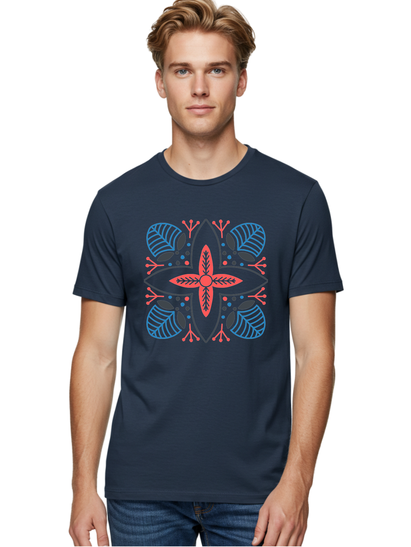 Rosette-Pattern Men'S Graphic Tee, 100% Cotton, Comfortable Casual Summer Wear, Machine Washable, Symmetrical Floral Design, Red And Blue Petals, White Background, Black Outlines, Leaf Patterns, Colorful Dots, Abstract Art, Decorative Motif, Aab790