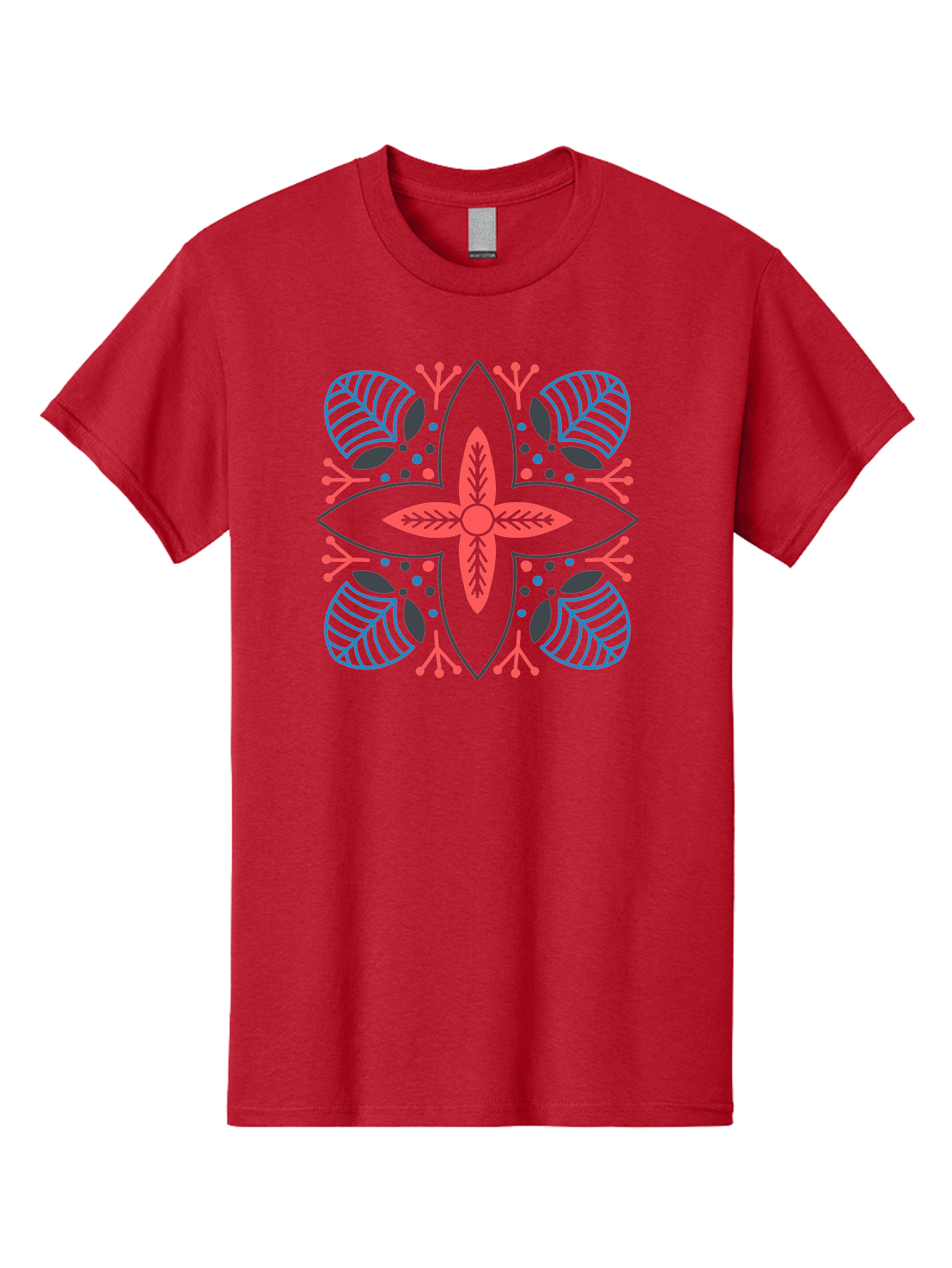 Rosette-Pattern Men'S Graphic Tee, 100% Cotton, Comfortable Casual Summer Wear, Machine Washable, Symmetrical Floral Design, Red And Blue Petals, White Background, Black Outlines, Leaf Patterns, Colorful Dots, Abstract Art, Decorative Motif, Aab790
