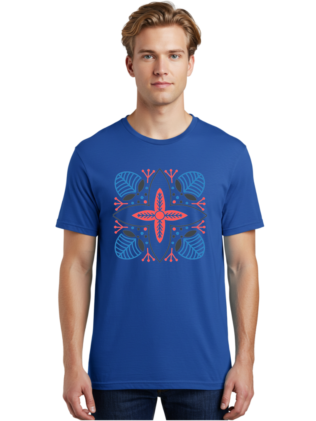 Rosette-Pattern Men'S Graphic Tee, 100% Cotton, Comfortable Casual Summer Wear, Machine Washable, Symmetrical Floral Design, Red And Blue Petals, White Background, Black Outlines, Leaf Patterns, Colorful Dots, Abstract Art, Decorative Motif, Aab790
