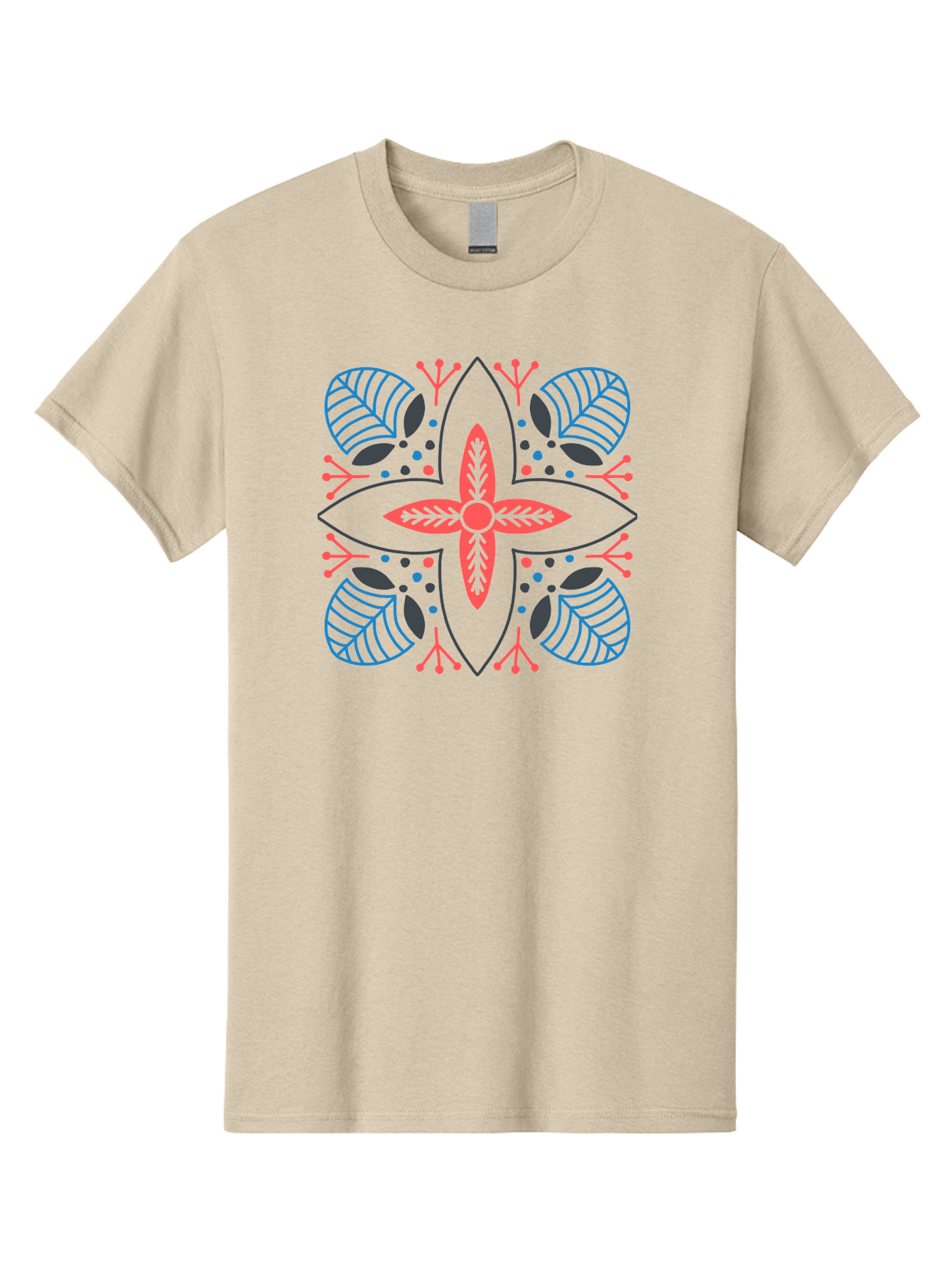 Rosette-Pattern Men'S Graphic Tee, 100% Cotton, Comfortable Casual Summer Wear, Machine Washable, Symmetrical Floral Design, Red And Blue Petals, White Background, Black Outlines, Leaf Patterns, Colorful Dots, Abstract Art, Decorative Motif, Aab790