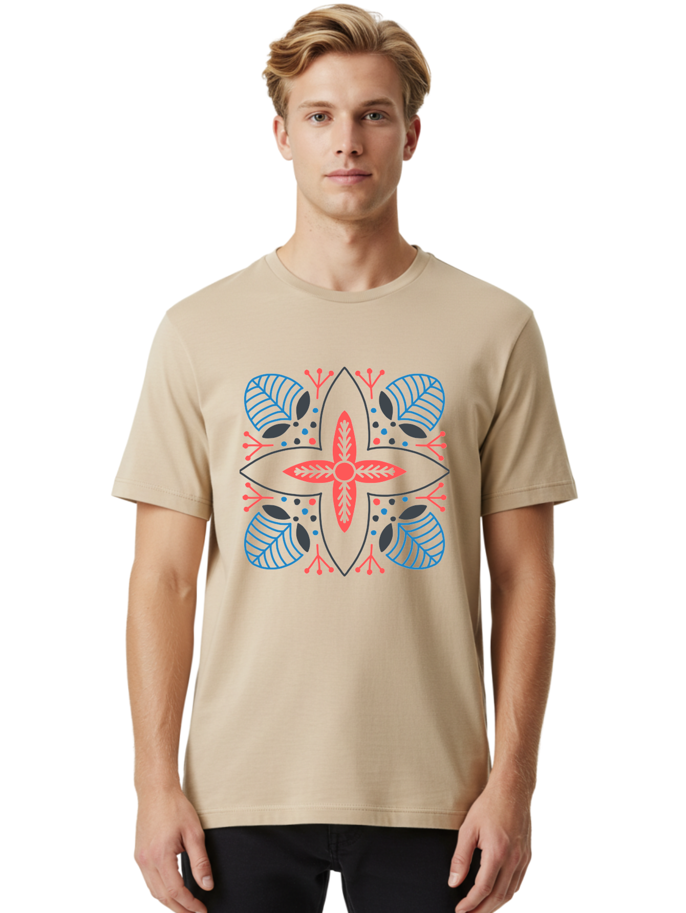 Rosette-Pattern Men'S Graphic Tee, 100% Cotton, Comfortable Casual Summer Wear, Machine Washable, Symmetrical Floral Design, Red And Blue Petals, White Background, Black Outlines, Leaf Patterns, Colorful Dots, Abstract Art, Decorative Motif, Aab790