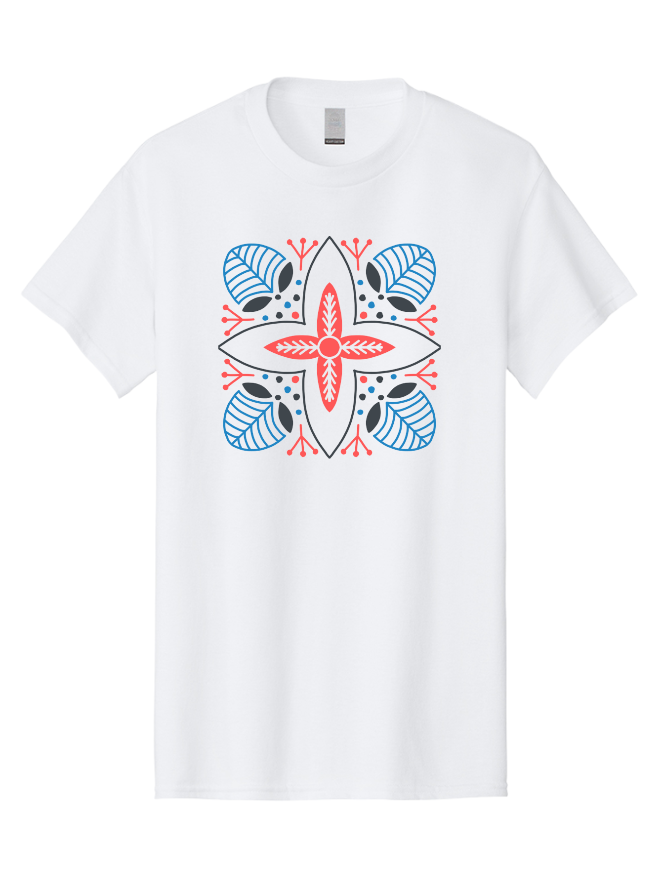 Rosette-Pattern Men'S Graphic Tee, 100% Cotton, Comfortable Casual Summer Wear, Machine Washable, Symmetrical Floral Design, Red And Blue Petals, White Background, Black Outlines, Leaf Patterns, Colorful Dots, Abstract Art, Decorative Motif, Aab790