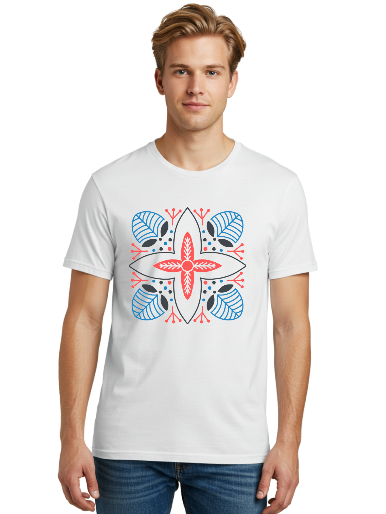 Rosette-Pattern Men'S Graphic Tee, 100% Cotton, Comfortable Casual Summer Wear, Machine Washable, Symmetrical Floral Design, Red And Blue Petals, White Background, Black Outlines, Leaf Patterns, Colorful Dots, Abstract Art, Decorative Motif, Aab790
