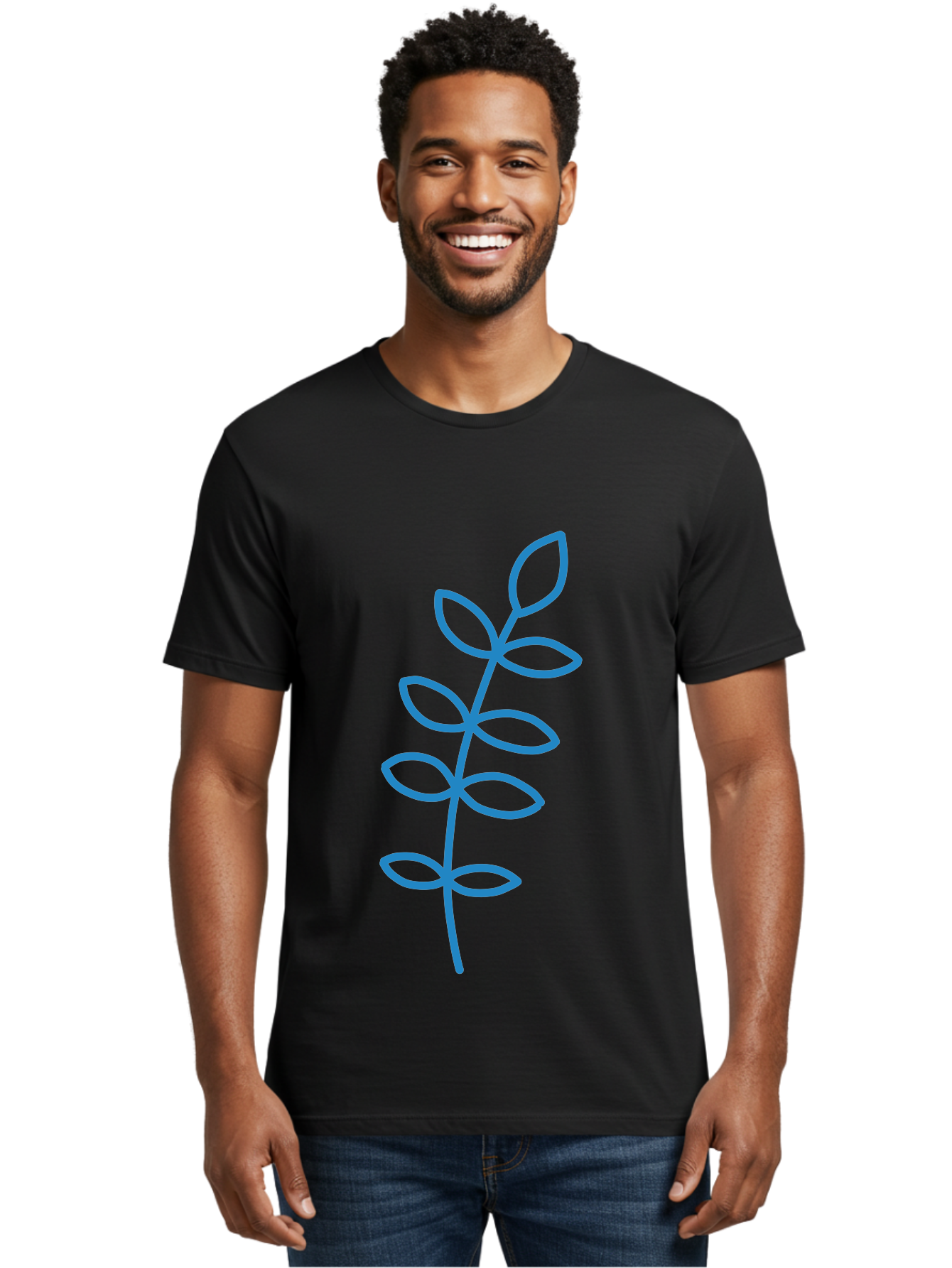 Stem-With-Leaves Men'S Graphic Tee, 100% Cotton, Comfortable Casual Summer Wear, Machine Washable, Simple Drawing, Blue Stem, Leaves, Minimalist Design, Stylized Plant, Childlike Illustration, Simple Shapes, Botanical Elements, Aab793