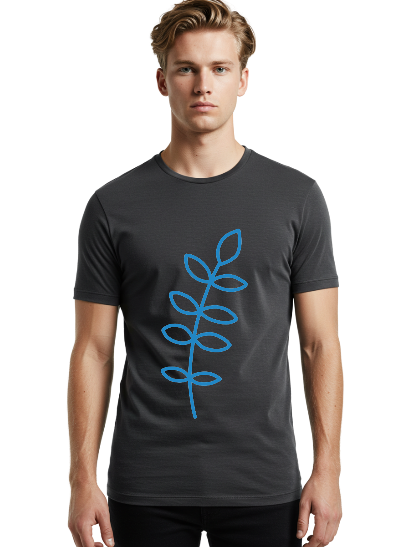 Stem-With-Leaves Men'S Graphic Tee, 100% Cotton, Comfortable Casual Summer Wear, Machine Washable, Simple Drawing, Blue Stem, Leaves, Minimalist Design, Stylized Plant, Childlike Illustration, Simple Shapes, Botanical Elements, Aab793