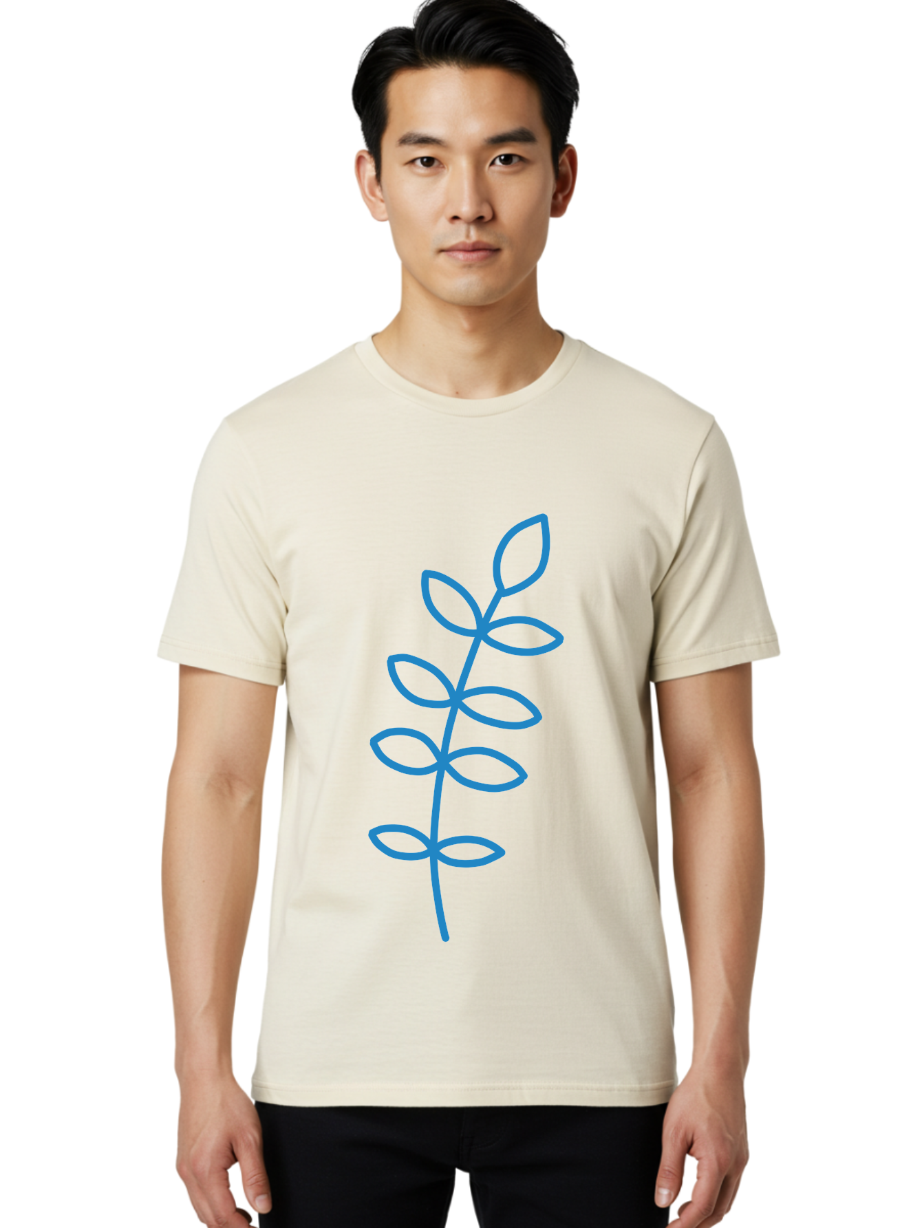 Stem-With-Leaves Men'S Graphic Tee, 100% Cotton, Comfortable Casual Summer Wear, Machine Washable, Simple Drawing, Blue Stem, Leaves, Minimalist Design, Stylized Plant, Childlike Illustration, Simple Shapes, Botanical Elements, Aab793
