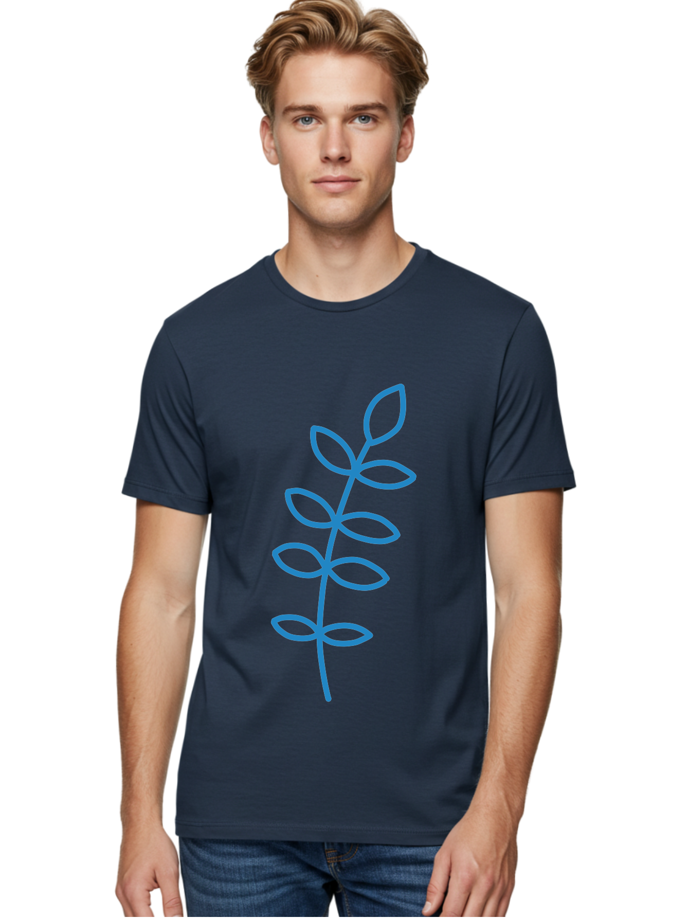 Stem-With-Leaves Men'S Graphic Tee, 100% Cotton, Comfortable Casual Summer Wear, Machine Washable, Simple Drawing, Blue Stem, Leaves, Minimalist Design, Stylized Plant, Childlike Illustration, Simple Shapes, Botanical Elements, Aab793