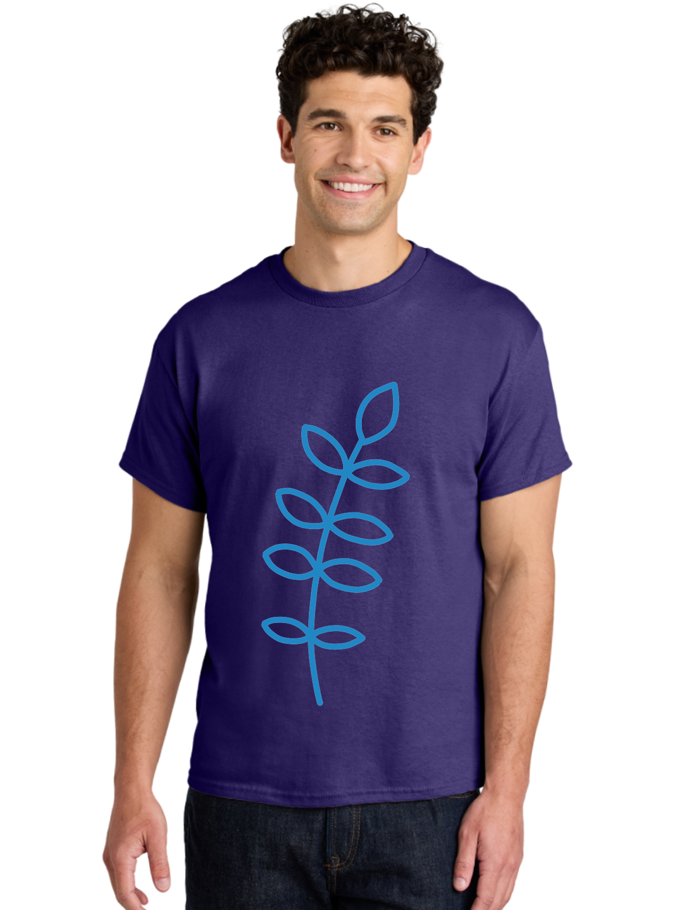 Stem-With-Leaves Men'S Graphic Tee, 100% Cotton, Comfortable Casual Summer Wear, Machine Washable, Simple Drawing, Blue Stem, Leaves, Minimalist Design, Stylized Plant, Childlike Illustration, Simple Shapes, Botanical Elements, Aab793