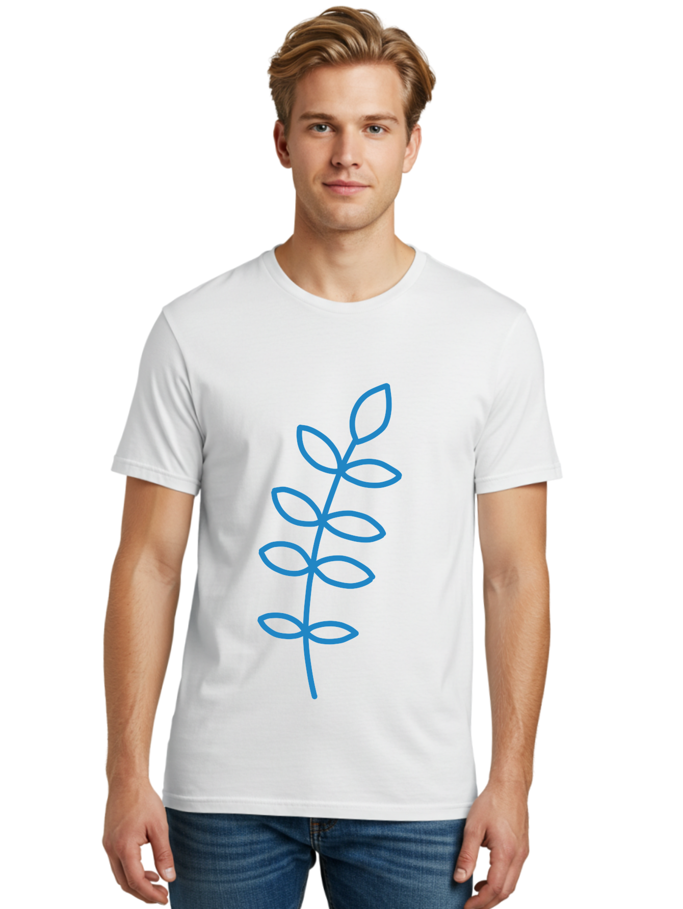 Stem-With-Leaves Men'S Graphic Tee, 100% Cotton, Comfortable Casual Summer Wear, Machine Washable, Simple Drawing, Blue Stem, Leaves, Minimalist Design, Stylized Plant, Childlike Illustration, Simple Shapes, Botanical Elements, Aab793